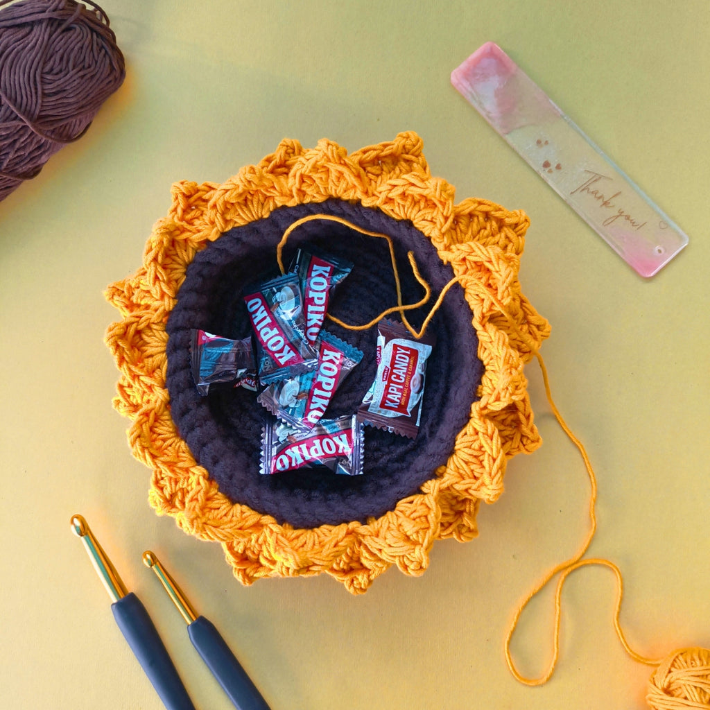Handmade Sunflower Basket – Crochet Floral Storage Basket for Home Décor