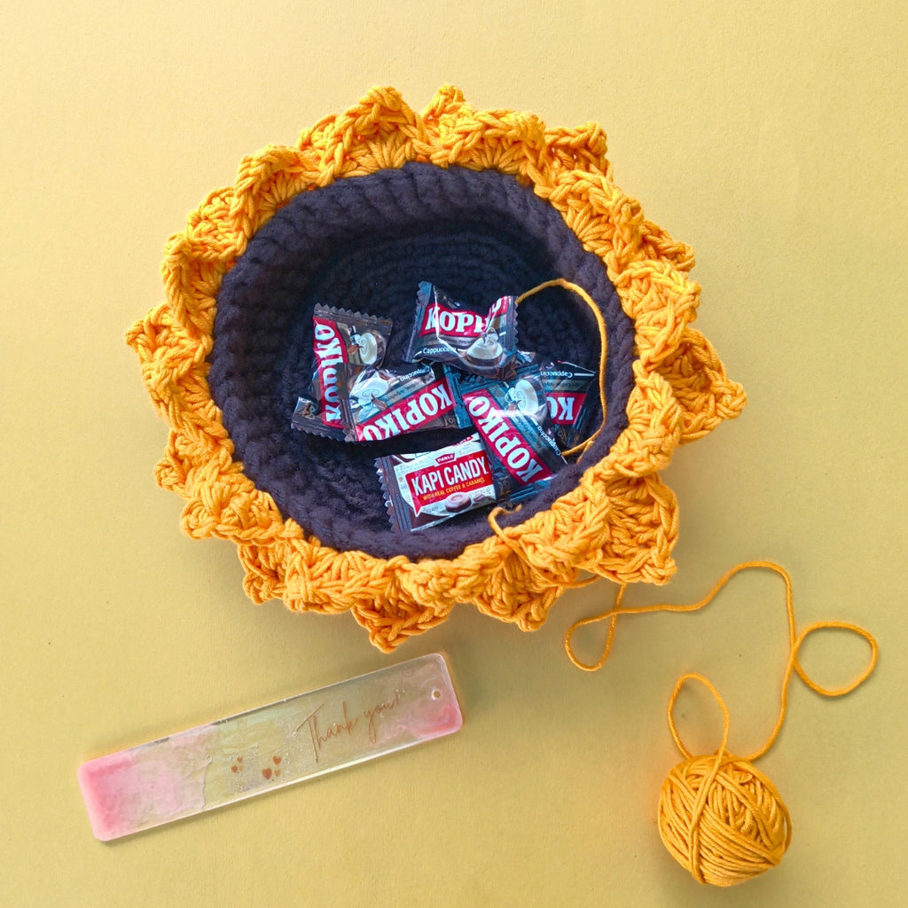 Handmade Sunflower Basket – Crochet Floral Storage Basket for Home Décor