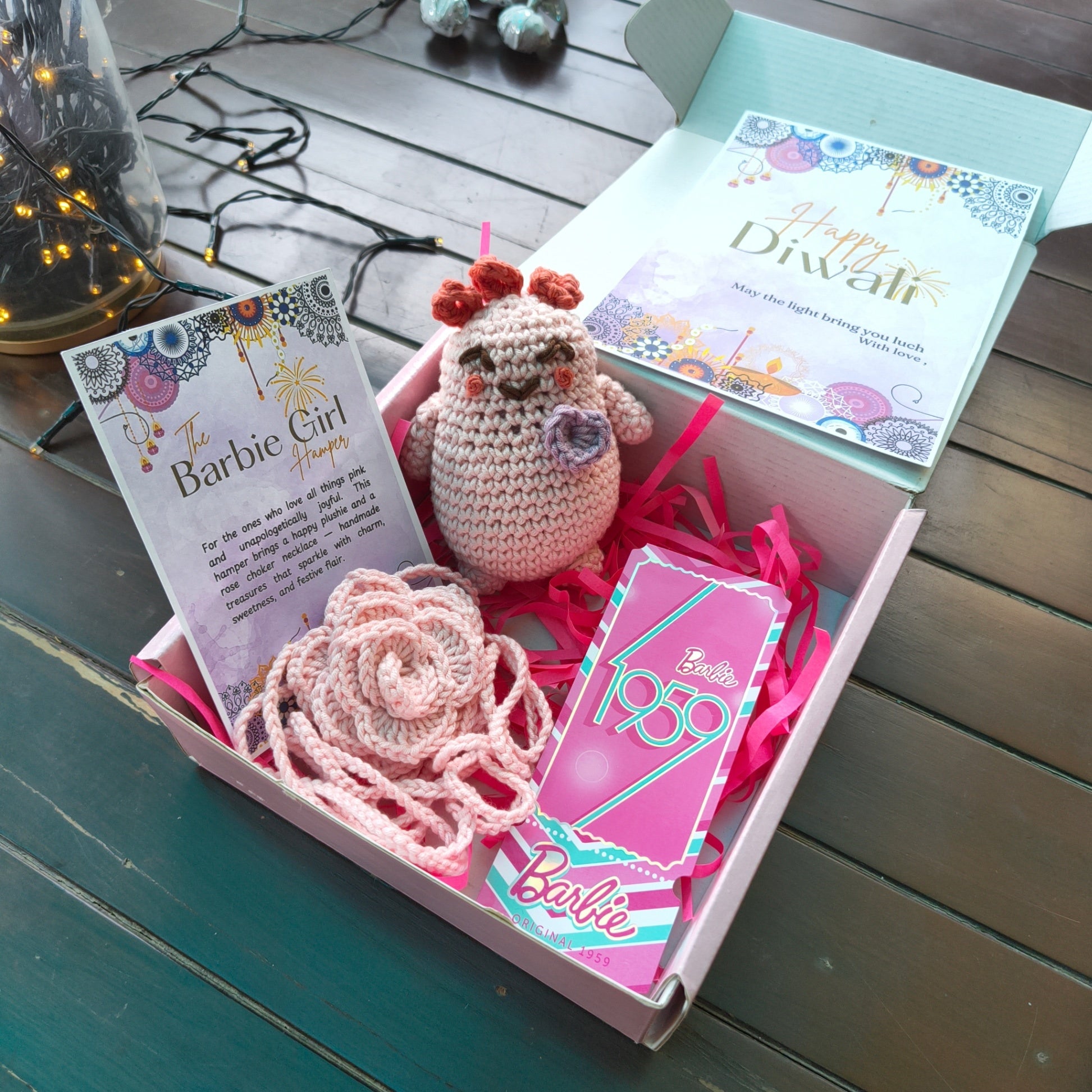 Hamper Barbie Girl Set – Happiness Plushie + Rose Choker Necklace | Handmade Festive Gift