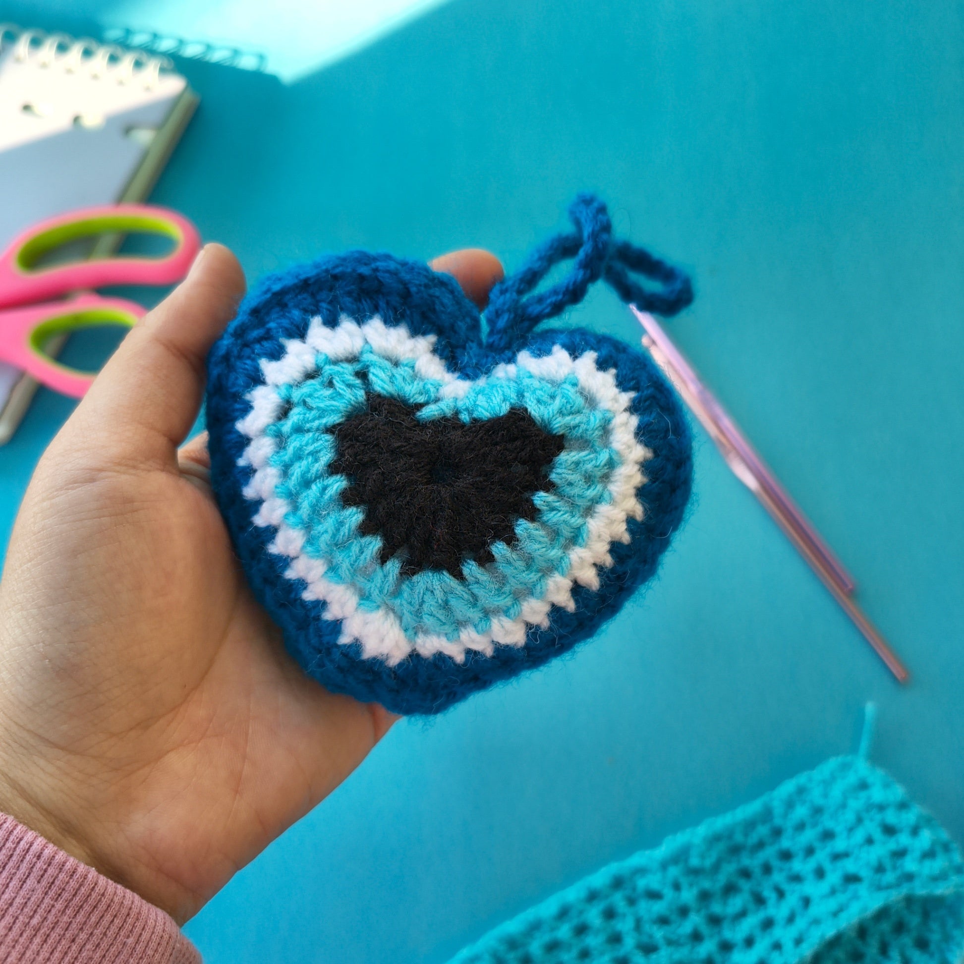 Evil Eye Heart “You” Keychain (Blue) – Handmade Crochet Protective Charm