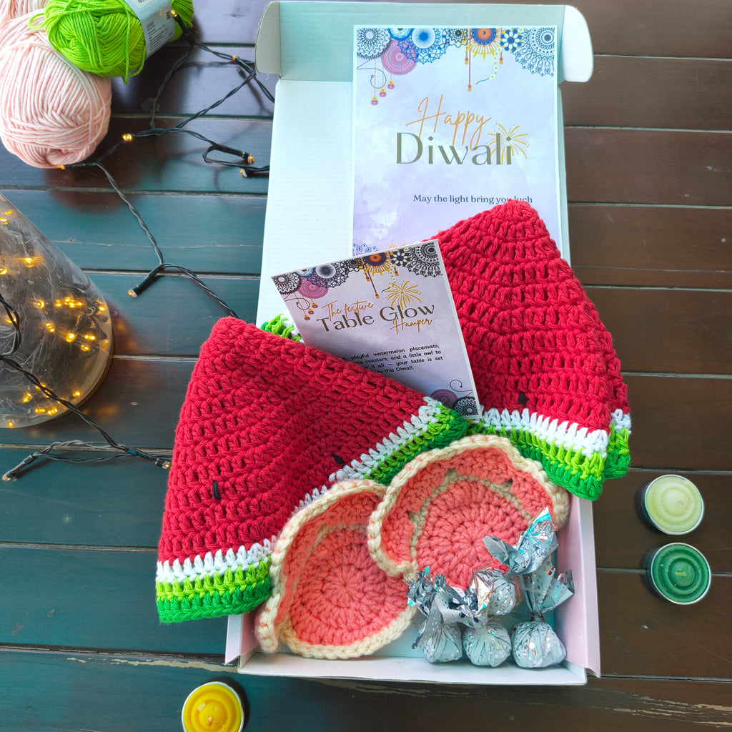 Hamper Festive Table Glow Set– Crochet Diwali Gift Set with Watermelon Placemats, Kitty Paw Coasters