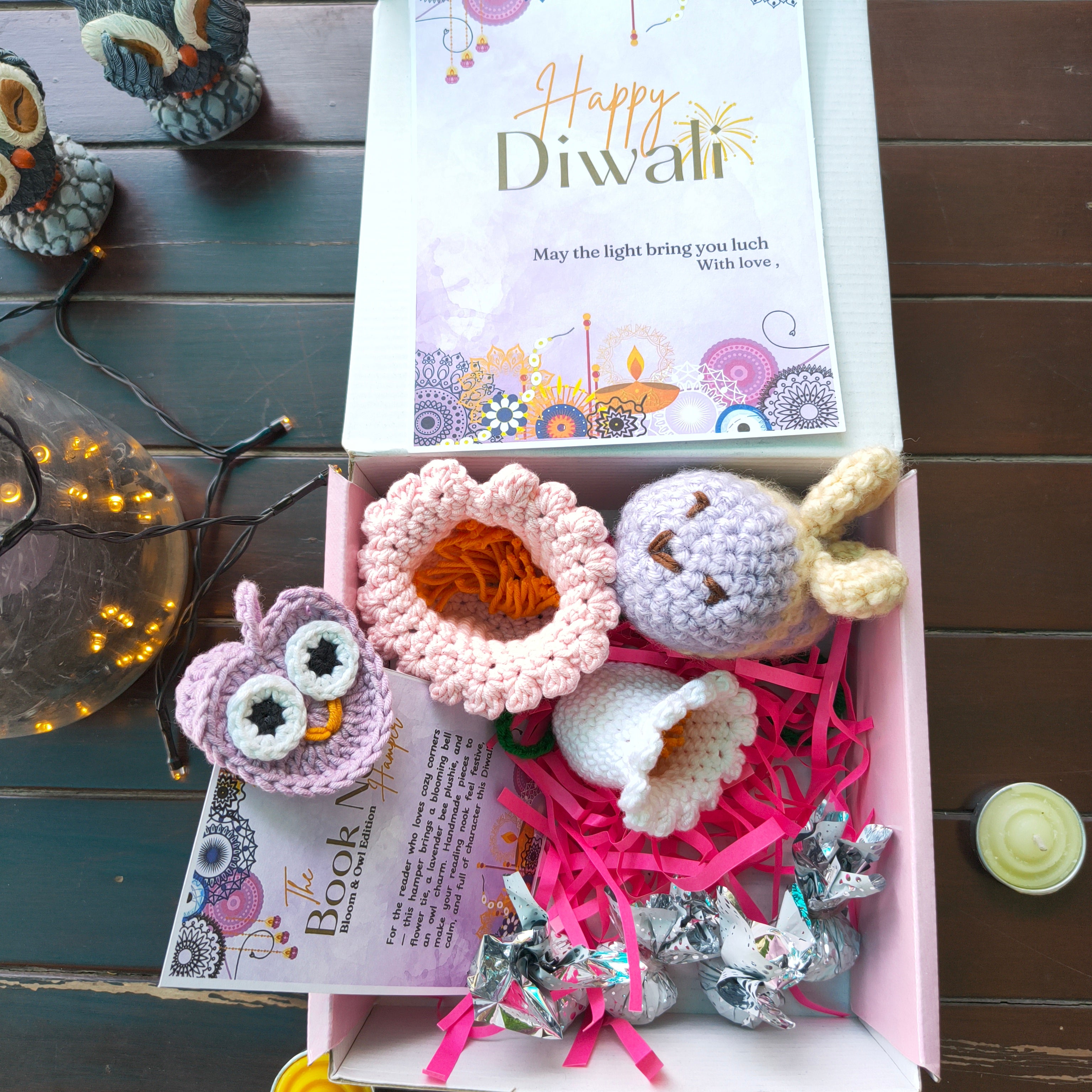 Hamper Cozy Book Nook Set: Bloom & Owl Edition – Bell Flower Curtain Tie, Lavender Bee Plushie & Owl Charm