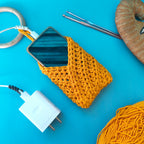 Hanging Phone Holder with Wooden Ring – Handmade Crochet Charging Station Organizer