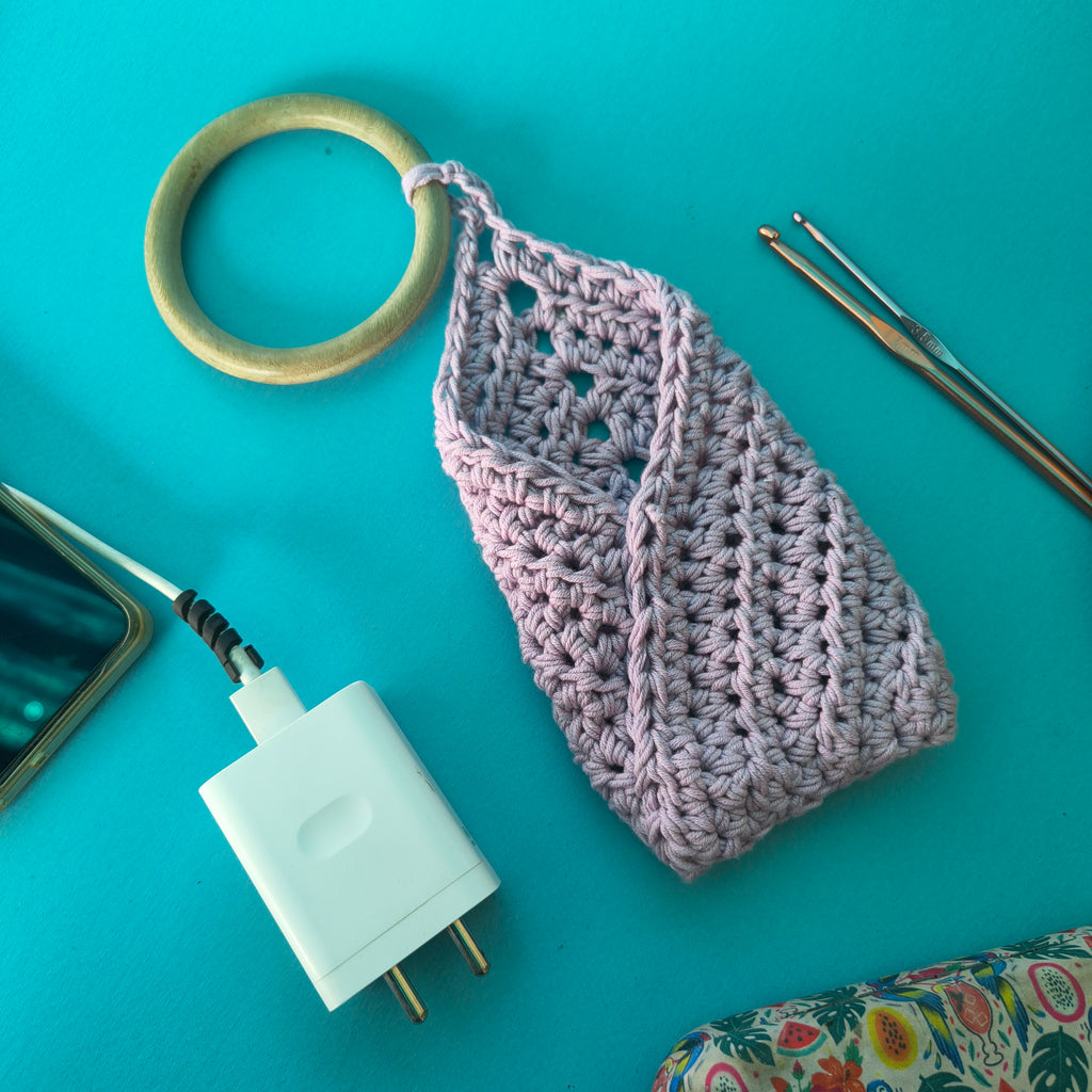 Hanging Phone Holder with Wooden Ring – Handmade Crochet Charging Station Organizer