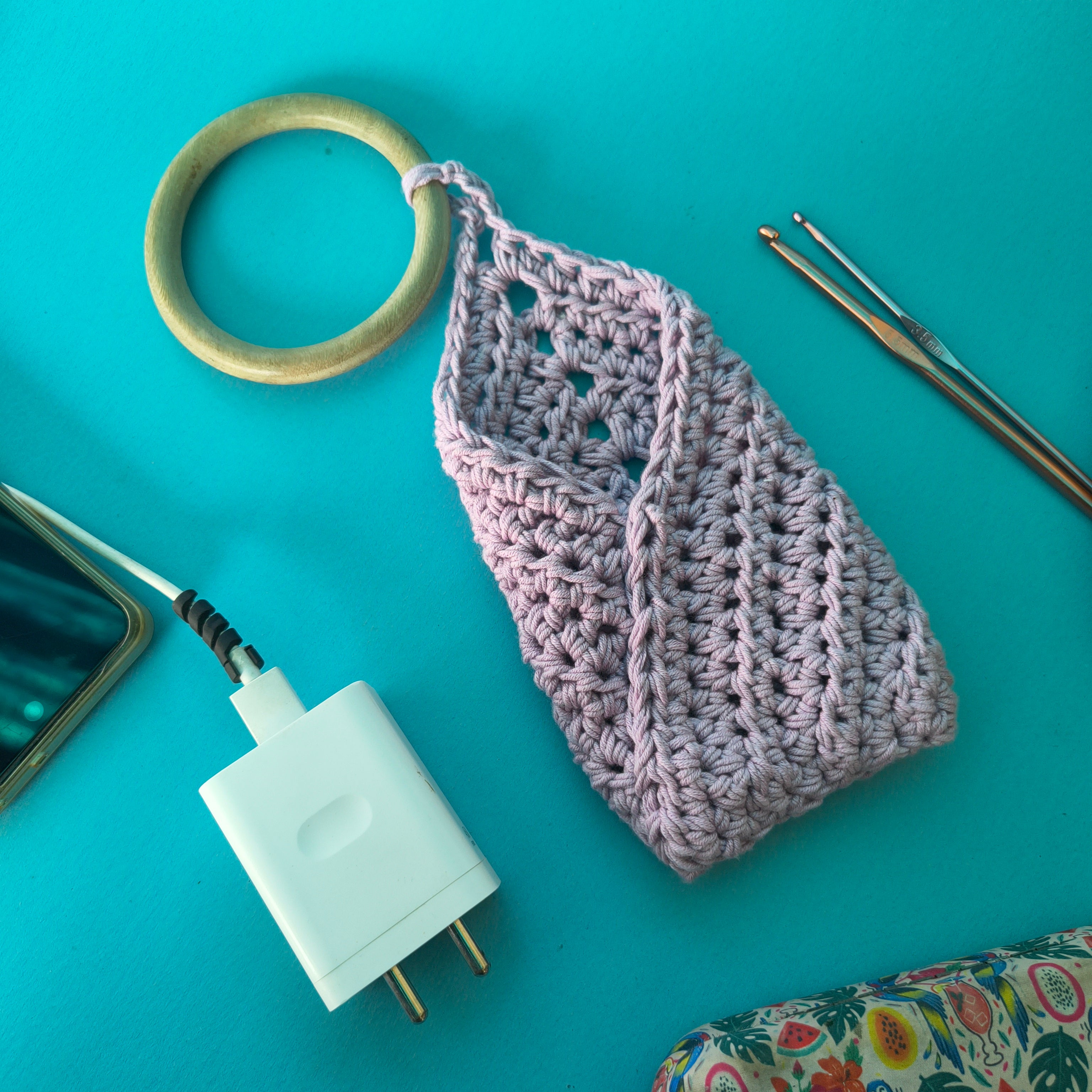 Hanging Phone Holder with Wooden Ring – Handmade Crochet Charging Station Organizer