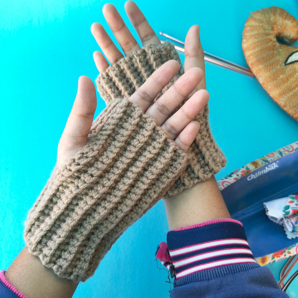 Gloves – Brown Fingerless Crochet Handwarmers | Handmade Fully Ribbed Stretch Gloves