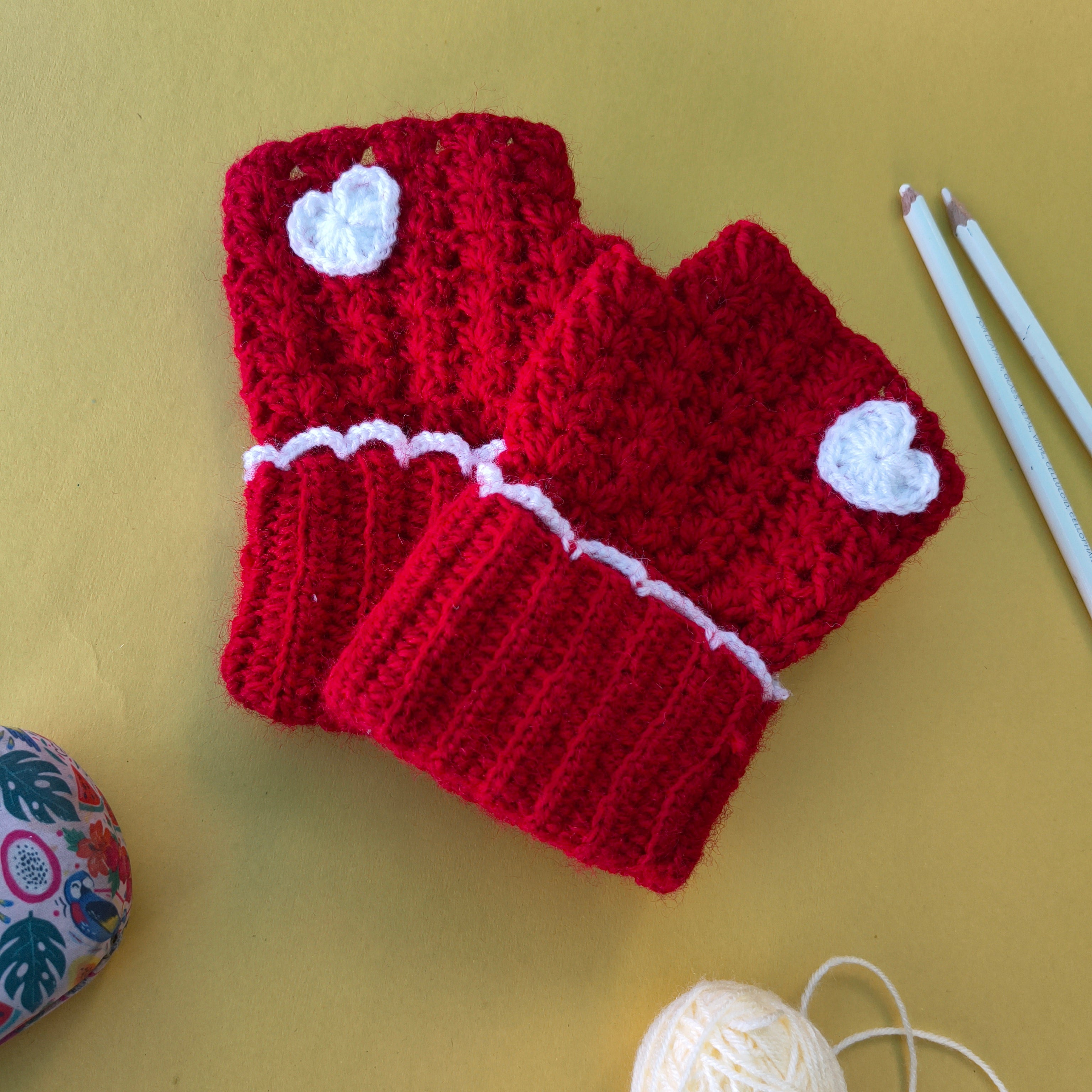 Gloves – Red Fingerless Crochet Handwarmers with White Heart | Handmade Ribbed Wrist Gloves with Lace Detailing