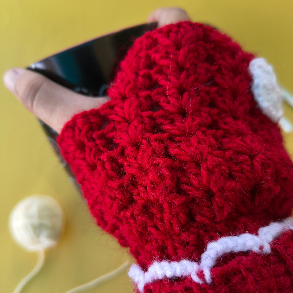 Gloves – Red Fingerless Crochet Handwarmers with White Heart | Handmade Ribbed Wrist Gloves with Lace Detailing