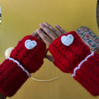 Gloves – Red Fingerless Crochet Handwarmers with White Heart | Handmade Ribbed Wrist Gloves with Lace Detailing