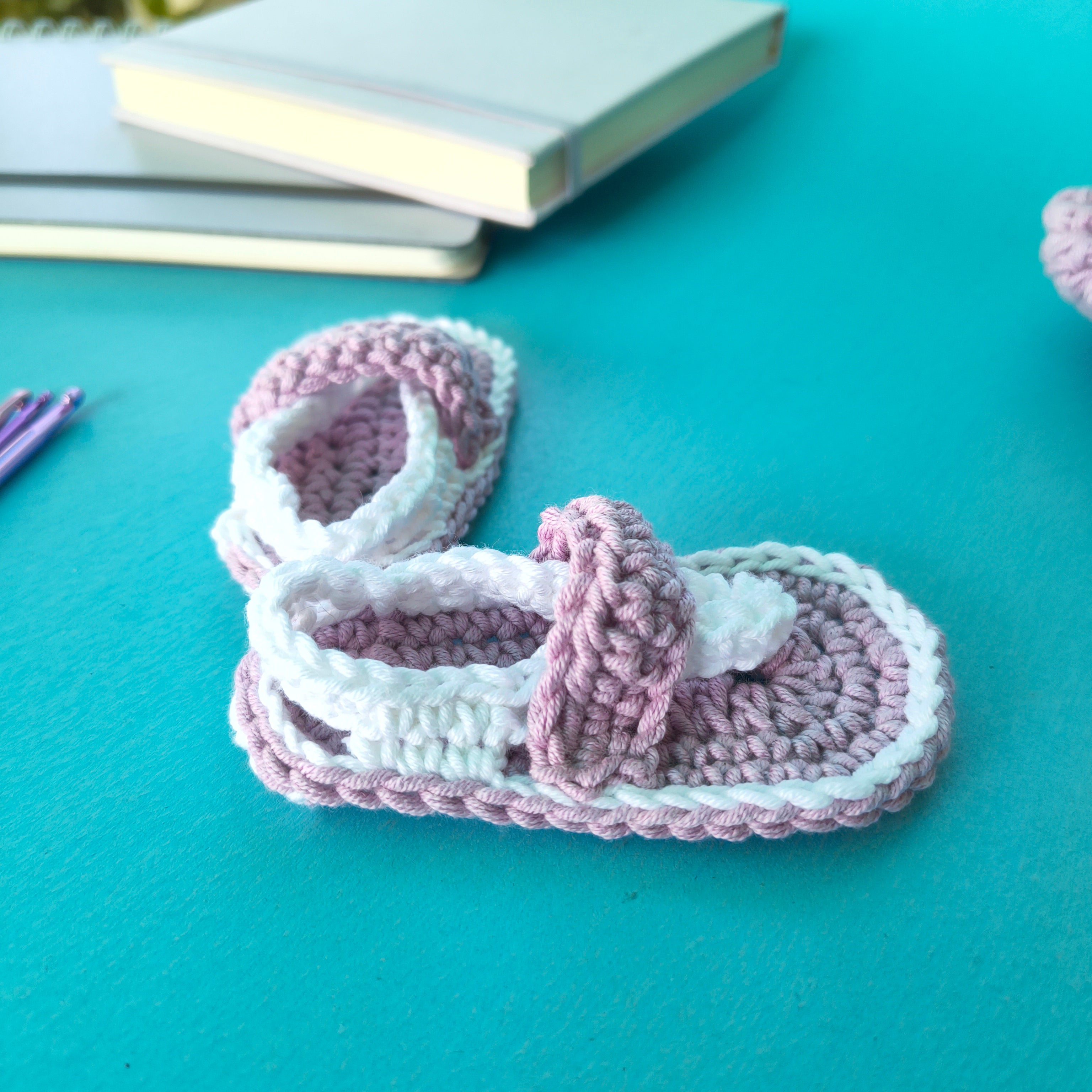 Newborn Baby Flip Flop Chappal – Lavender & White | Handmade Crochet Soft Baby Footwear (4 inch)