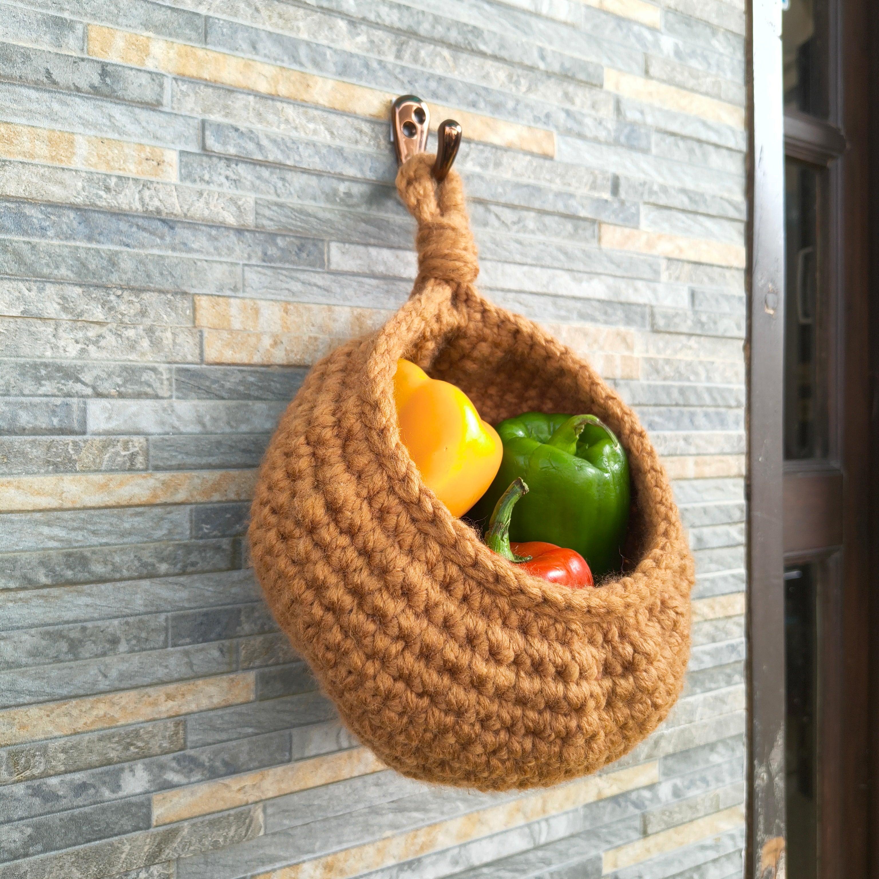 Hanging Kitchen Basket – Handmade Crochet Cocoon Storage Basket with Metal Ring (Brown)