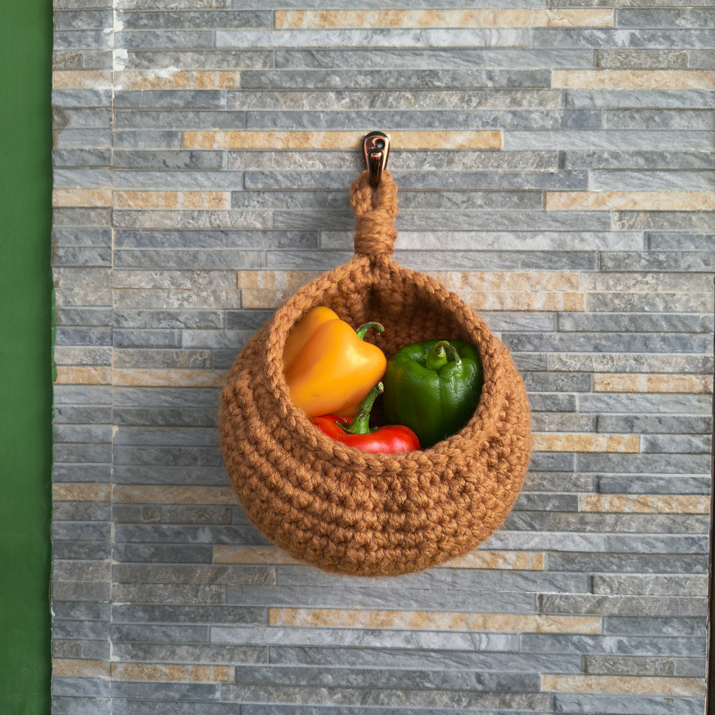Hanging Kitchen Basket – Handmade Crochet Cocoon Storage Basket with Metal Ring (Brown)