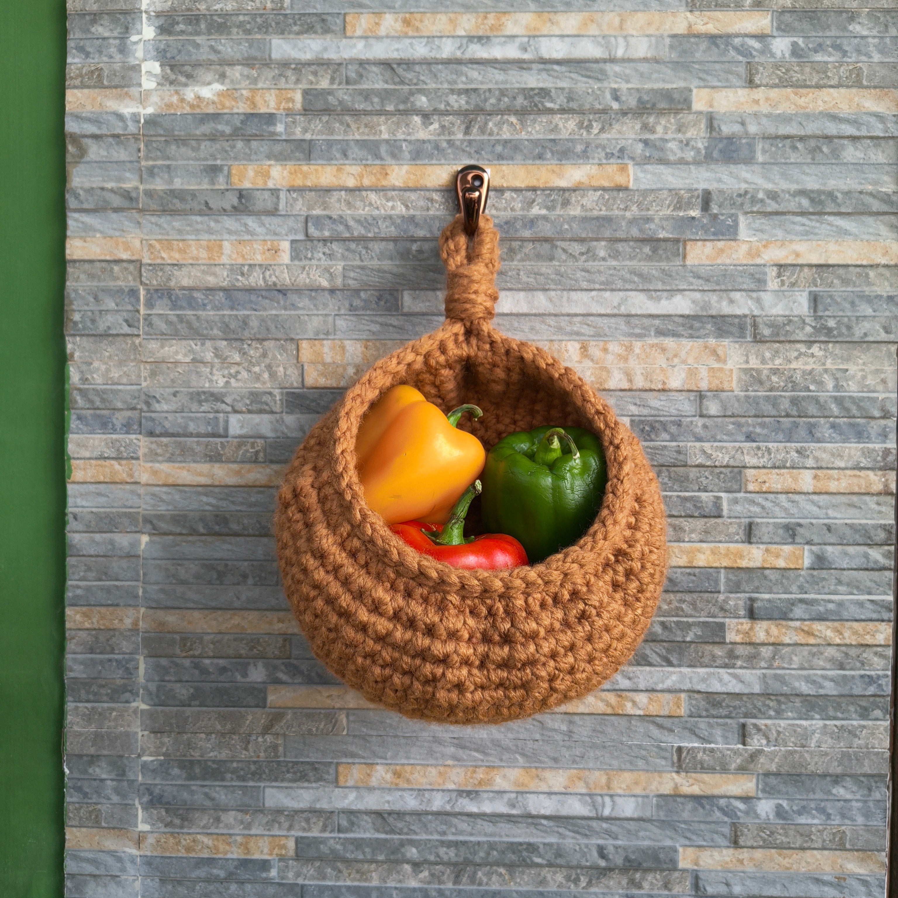 Hanging Kitchen Basket – Handmade Crochet Cocoon Storage Basket with Metal Ring (Brown)
