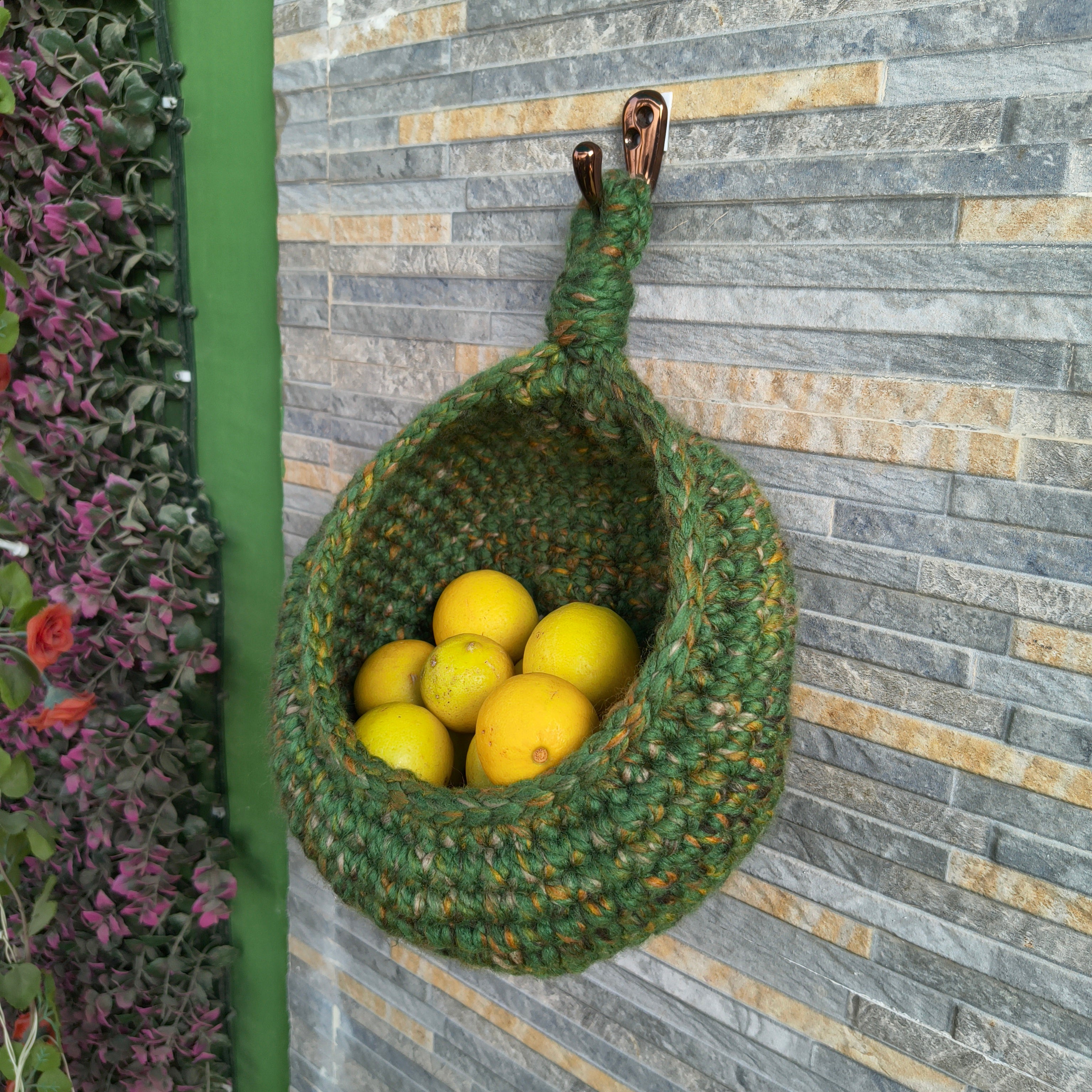 Hanging Kitchen Basket – Handmade Crochet Cocoon Storage Basket with Metal Ring