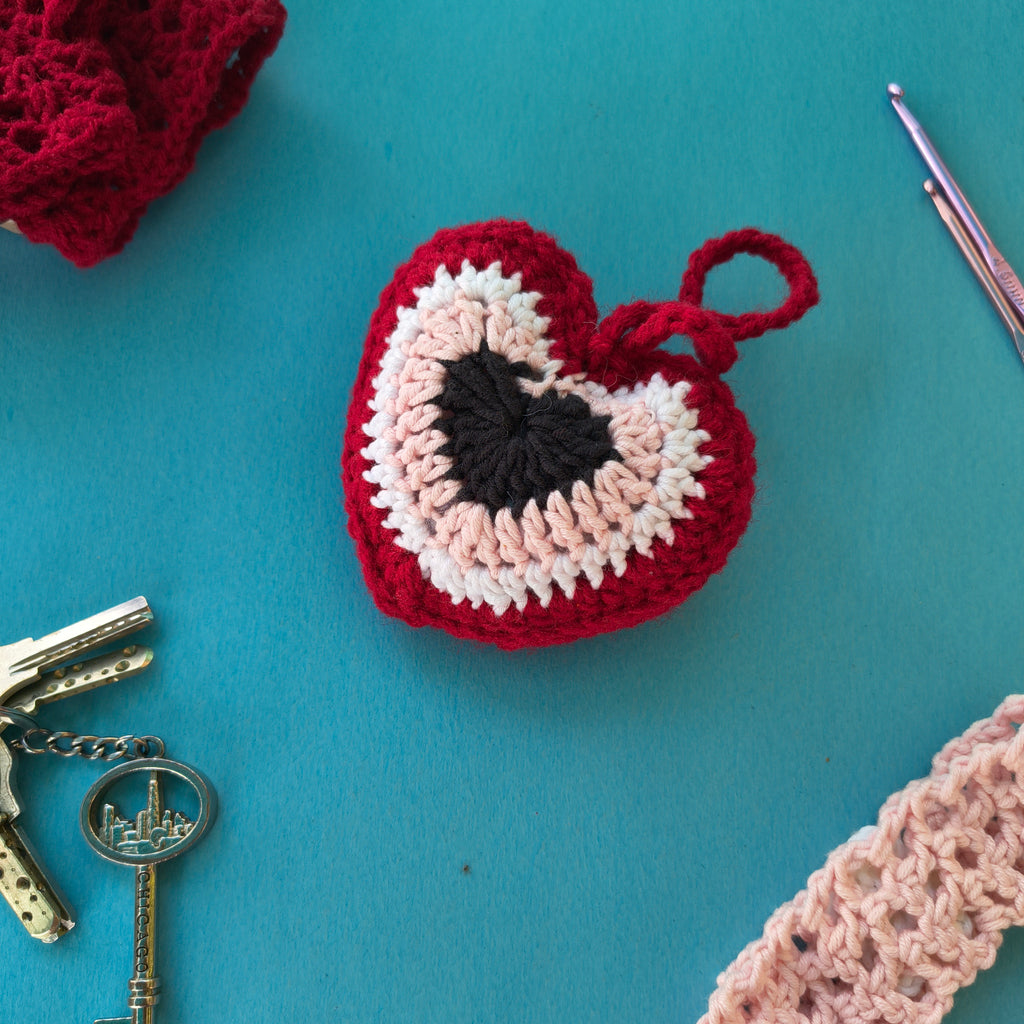 Evil Eye Heart “You” Keychain (Pink) – Handmade Crochet Protective Charm