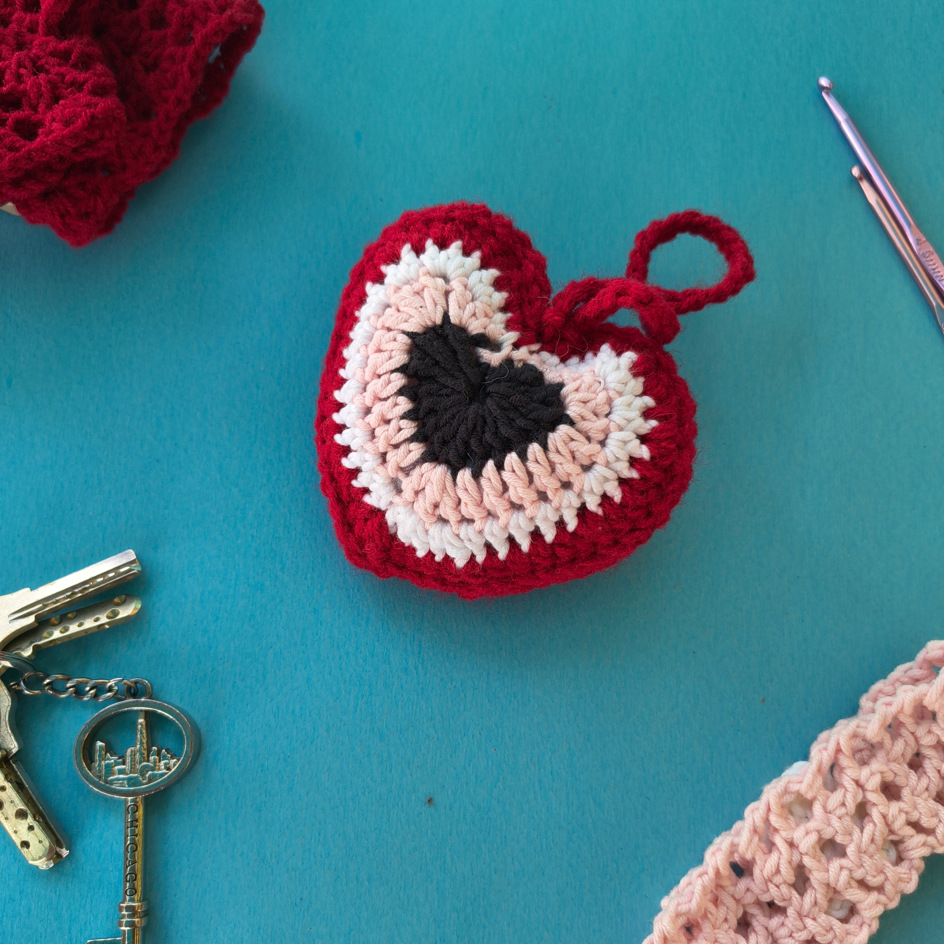 Evil Eye Heart “You” Keychain (Pink) – Handmade Crochet Protective Charm