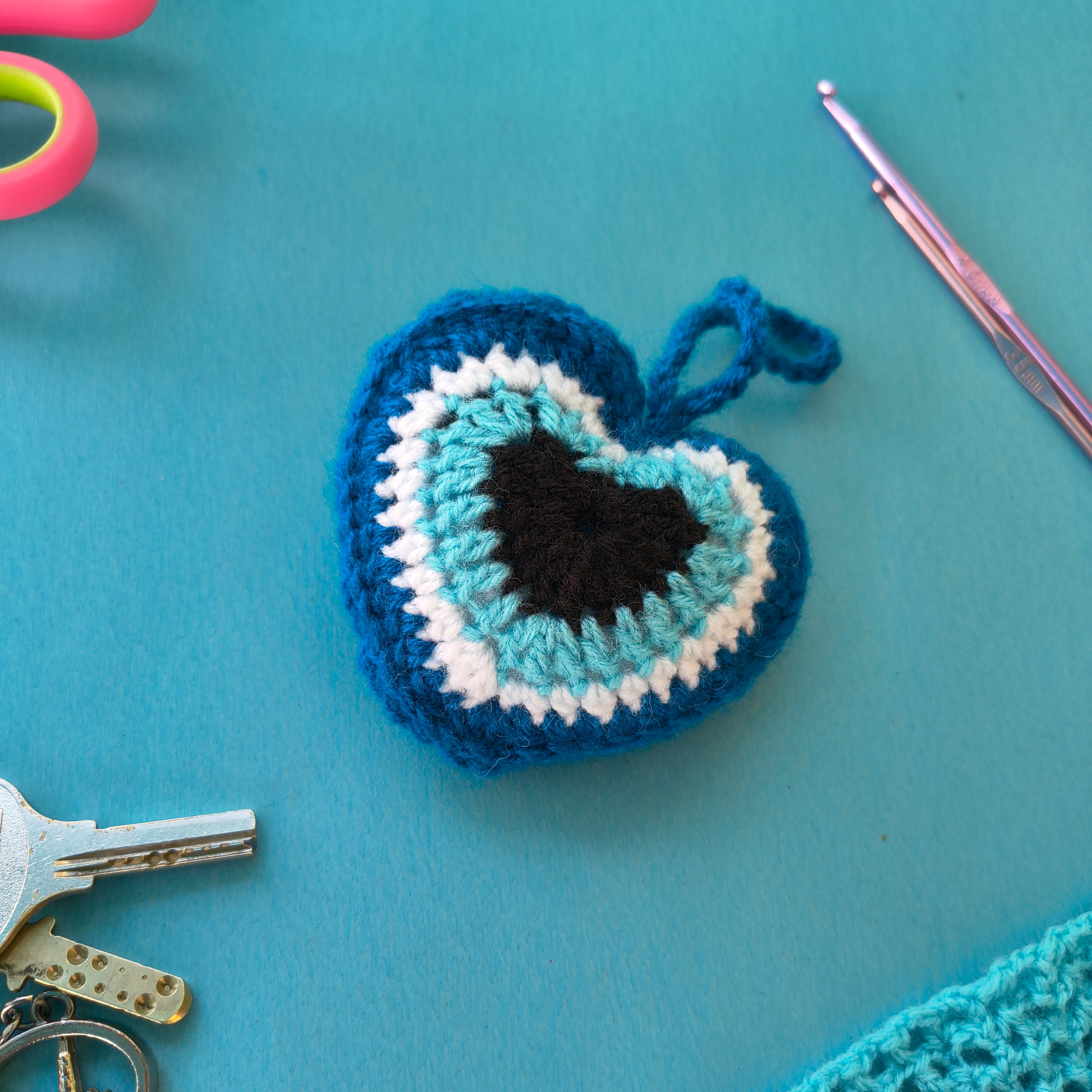 Evil Eye Heart “You” Keychain (Blue) – Handmade Crochet Protective Charm