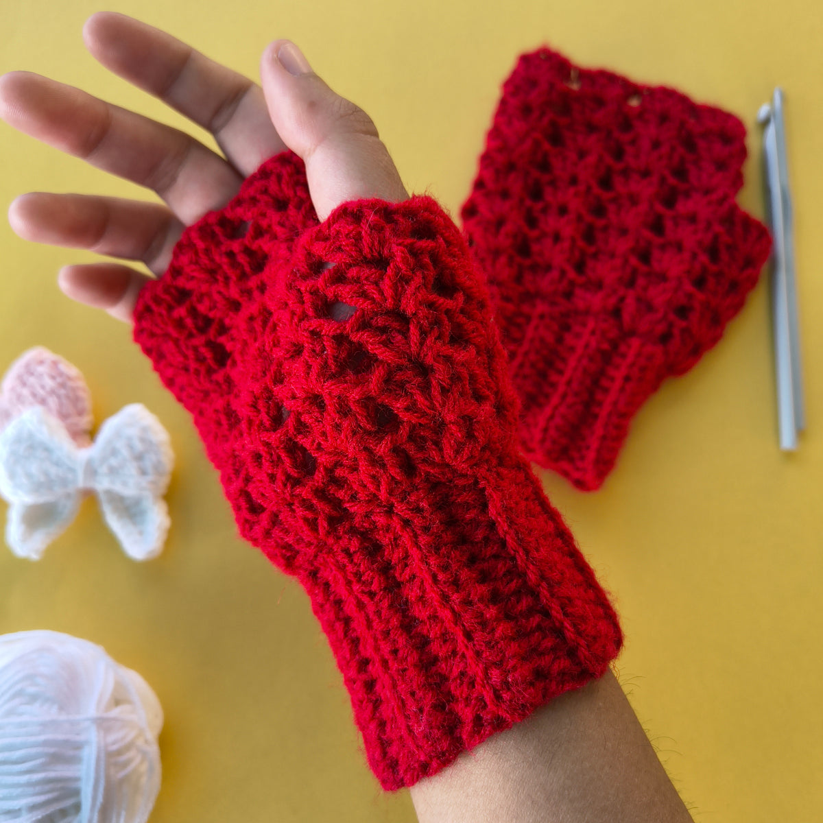 Red Fingerless Crochet Gloves with Ribbed Cuffs