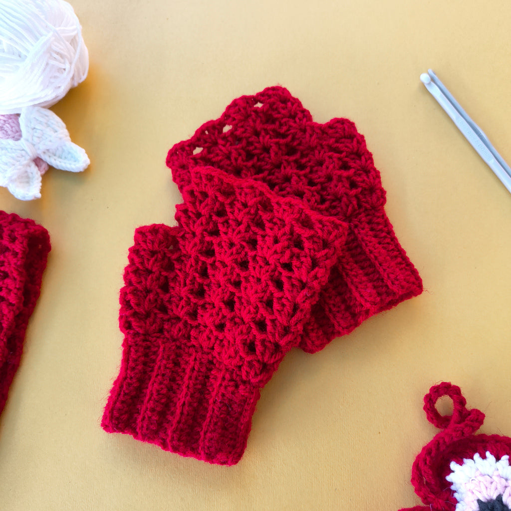 Red Fingerless Crochet Gloves with Ribbed Cuffs