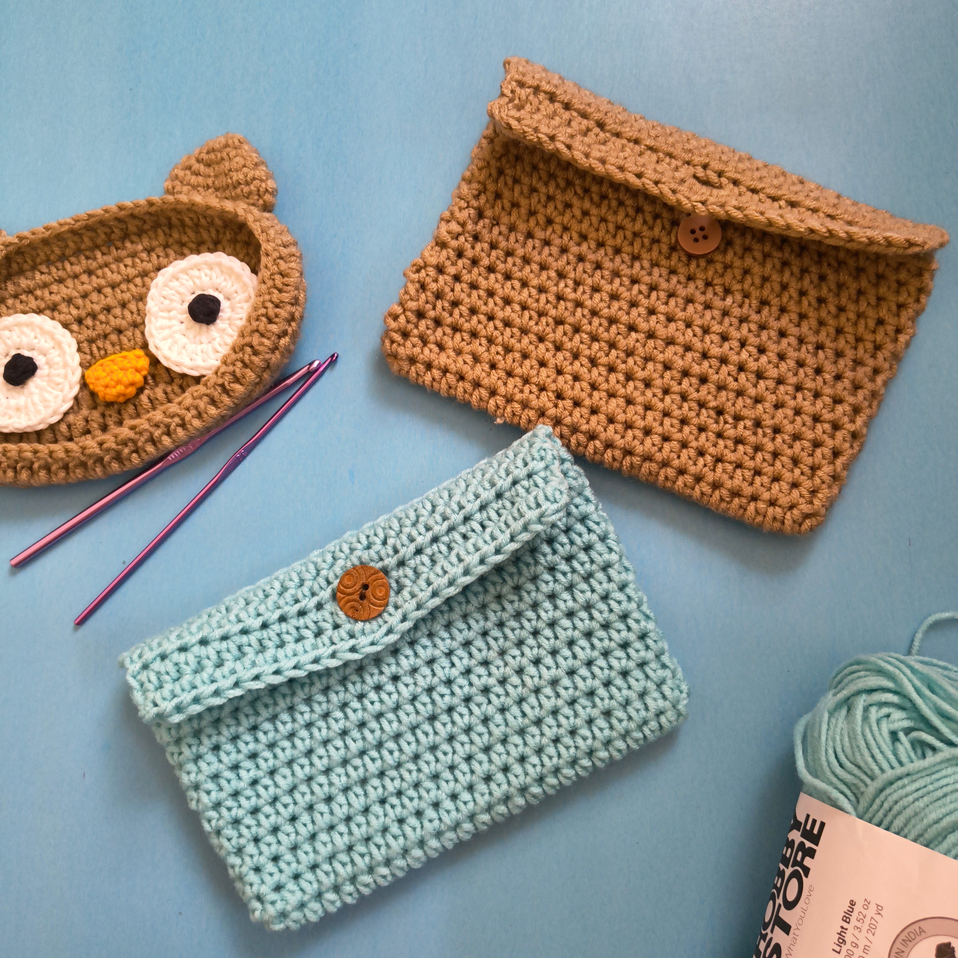 Crochet Specs Holder Case – Handmade Eyeglass & Stand Storage Pouch (White, Brown, Blue)