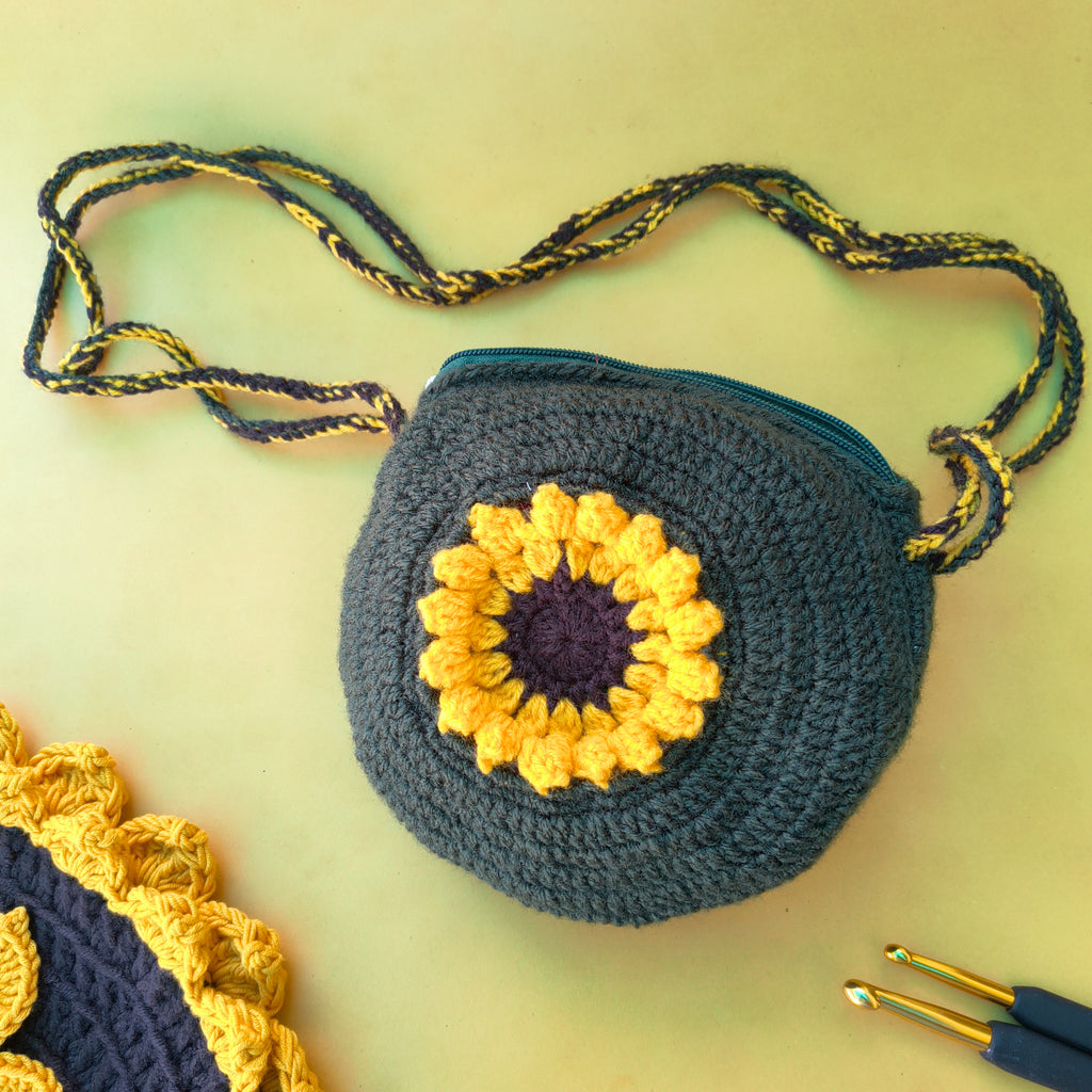 Sunflower Crochet Sling Bag – Handmade Bag with Zip & Lining