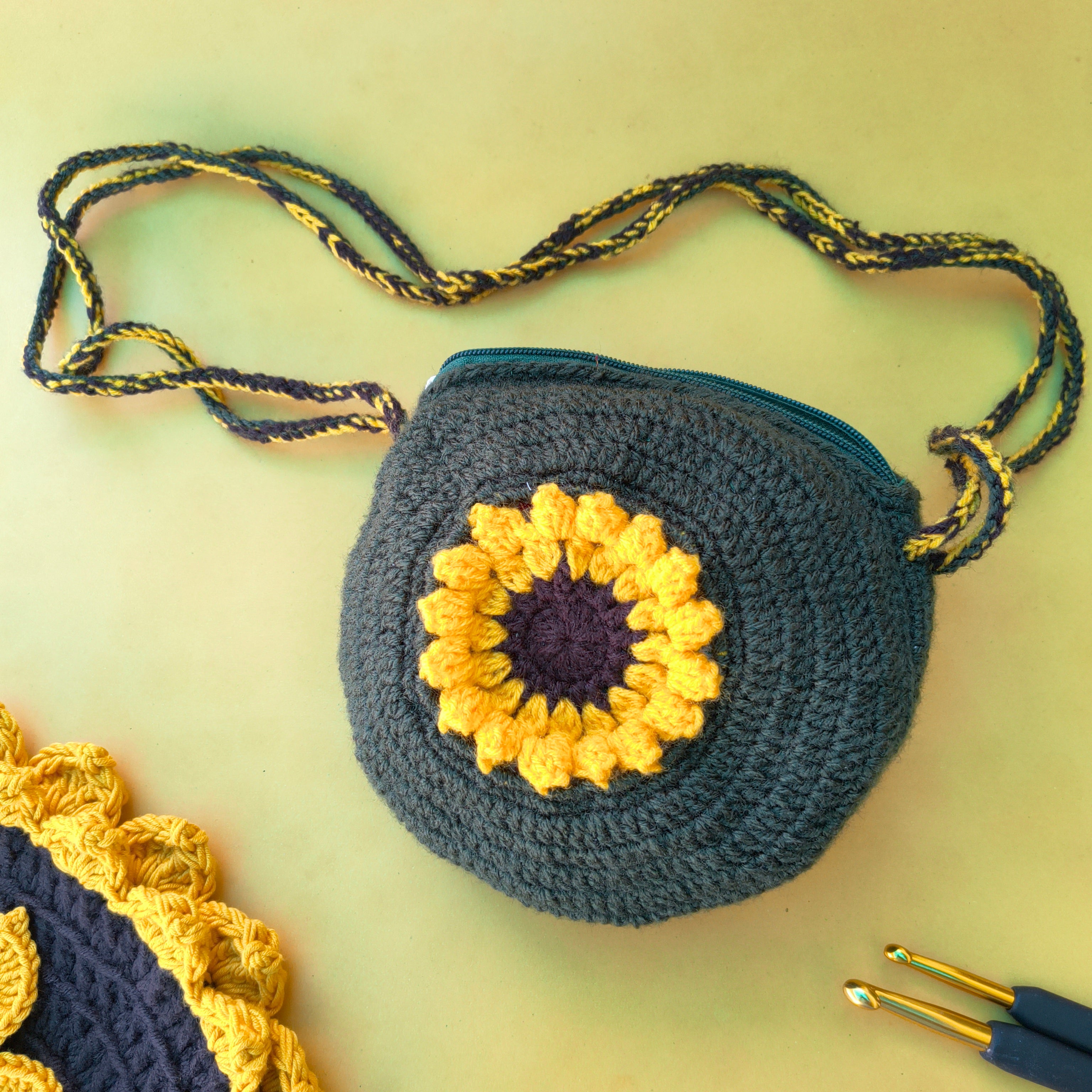 Sunflower Crochet Sling Bag – Handmade Bag with Zip & Lining