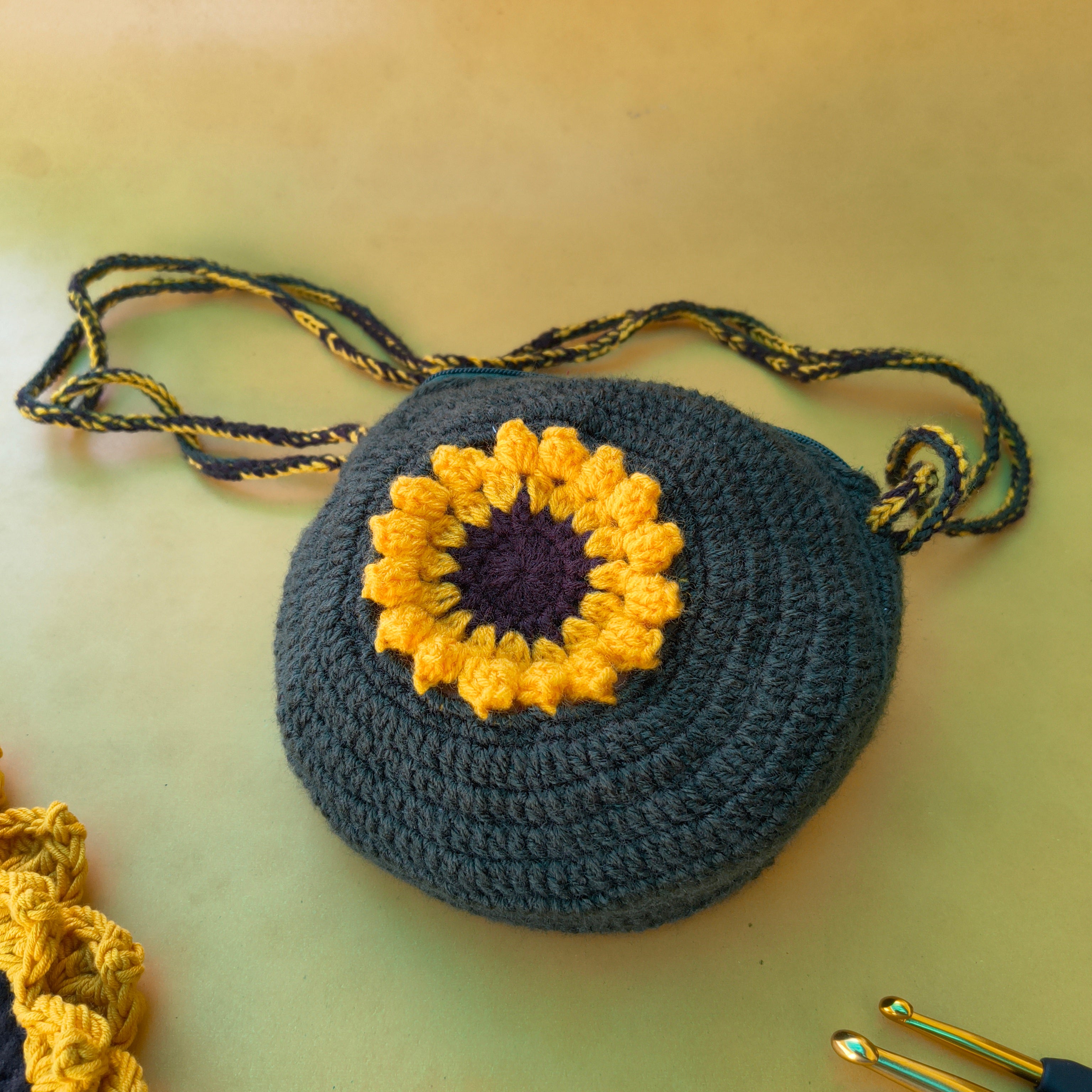 Sunflower Crochet Sling Bag – Handmade Bag with Zip & Lining