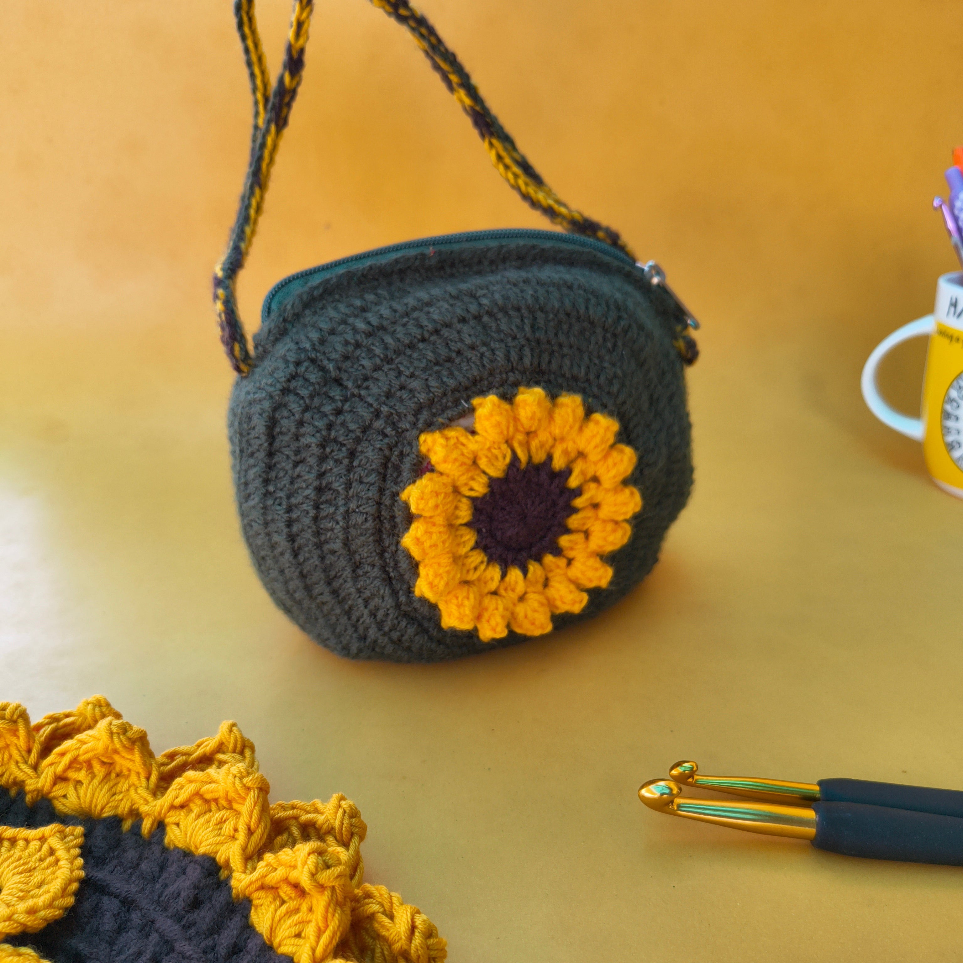 Sunflower Crochet Sling Bag – Handmade Bag with Zip & Lining
