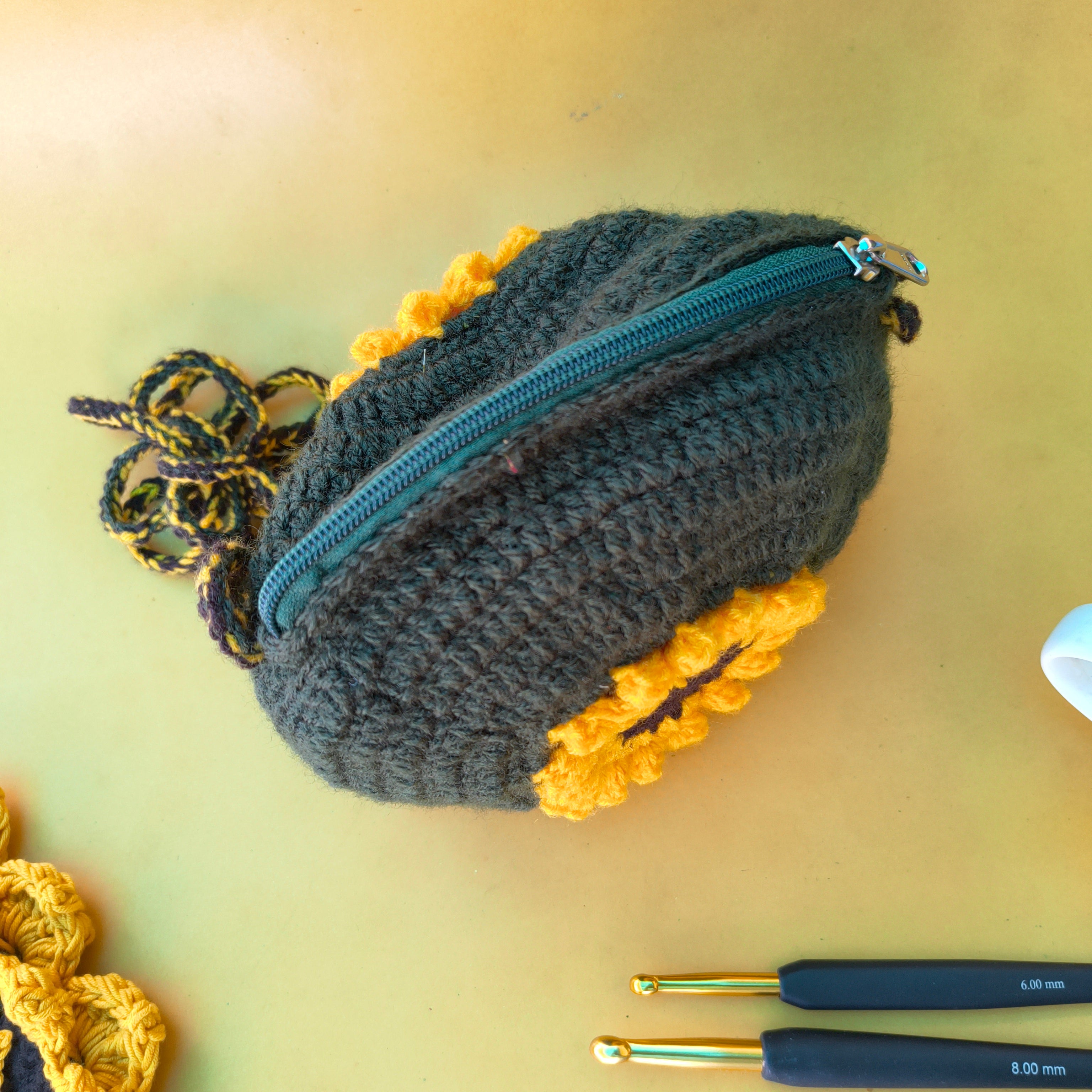 Sunflower Crochet Sling Bag – Handmade Bag with Zip & Lining