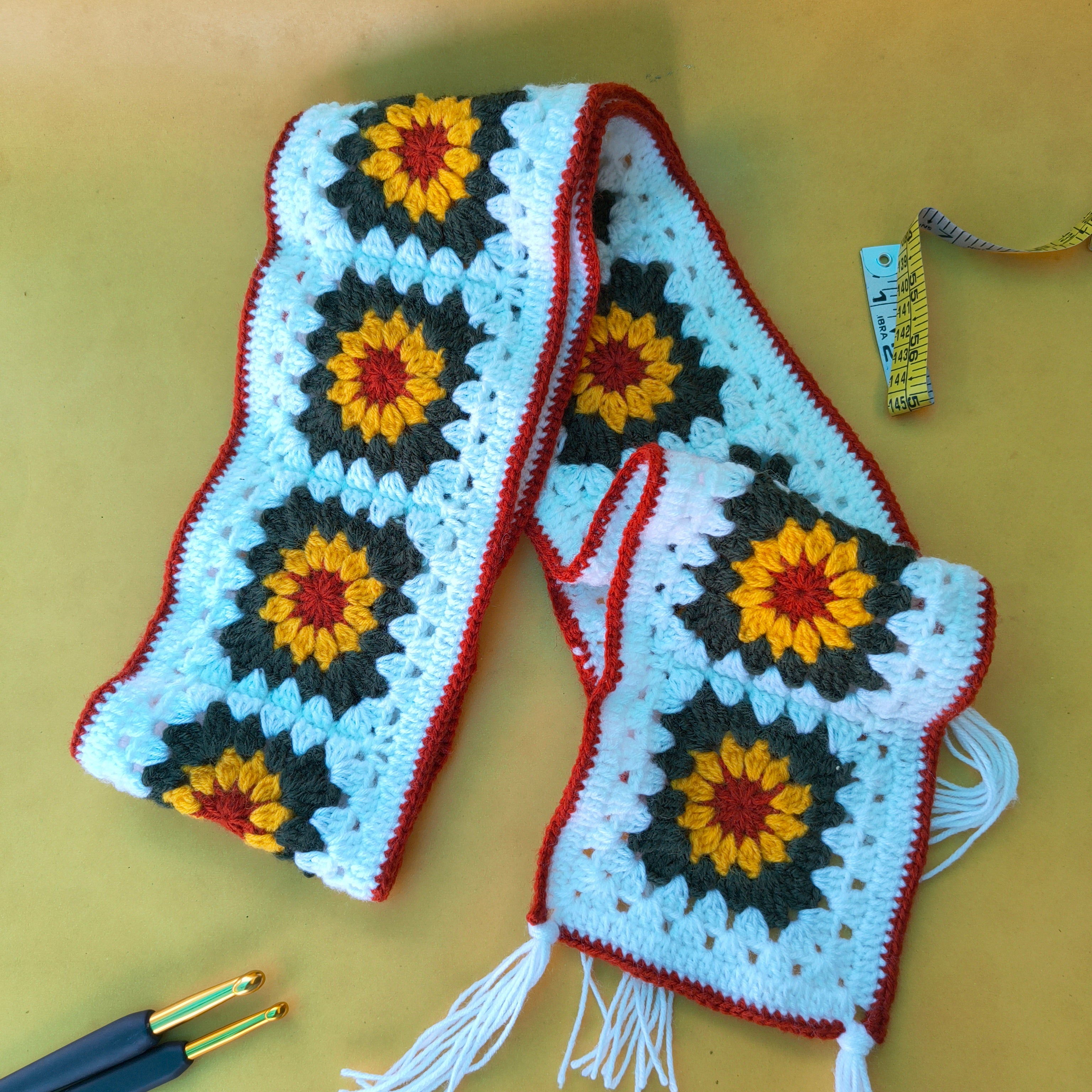 Sunflower Crochet Scarf – Handmade Floral Scarf (54 x 5 inch)