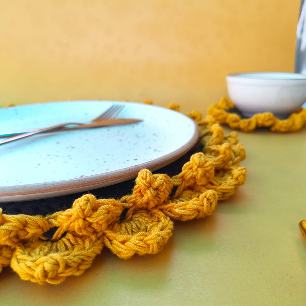 Handmade Sunflower Starter Combo – 1 Table Mat + 1 Coaster + 1 Cutlery Holder | Crochet Home Decor  Dining Set