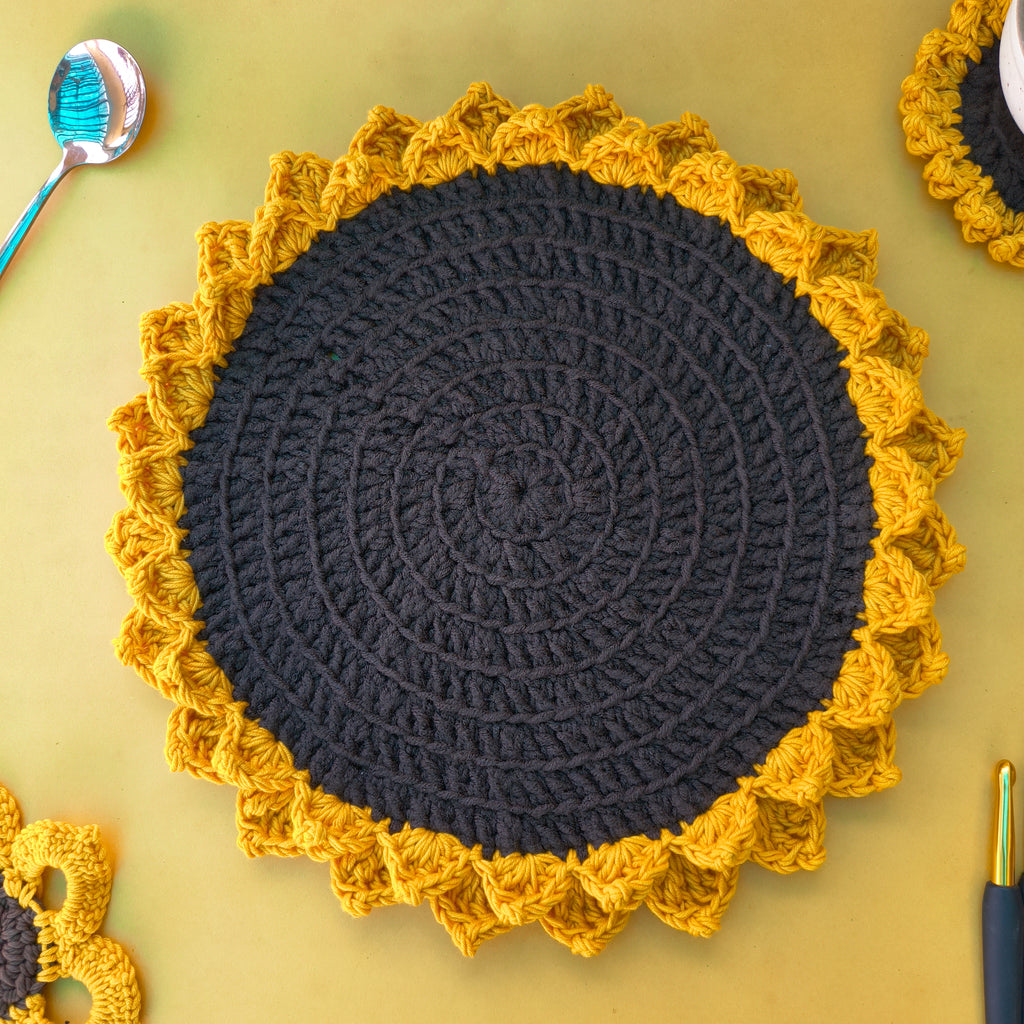 Handmade Sunflower Table Mat | Crochet Floral Placemat (14 inch)