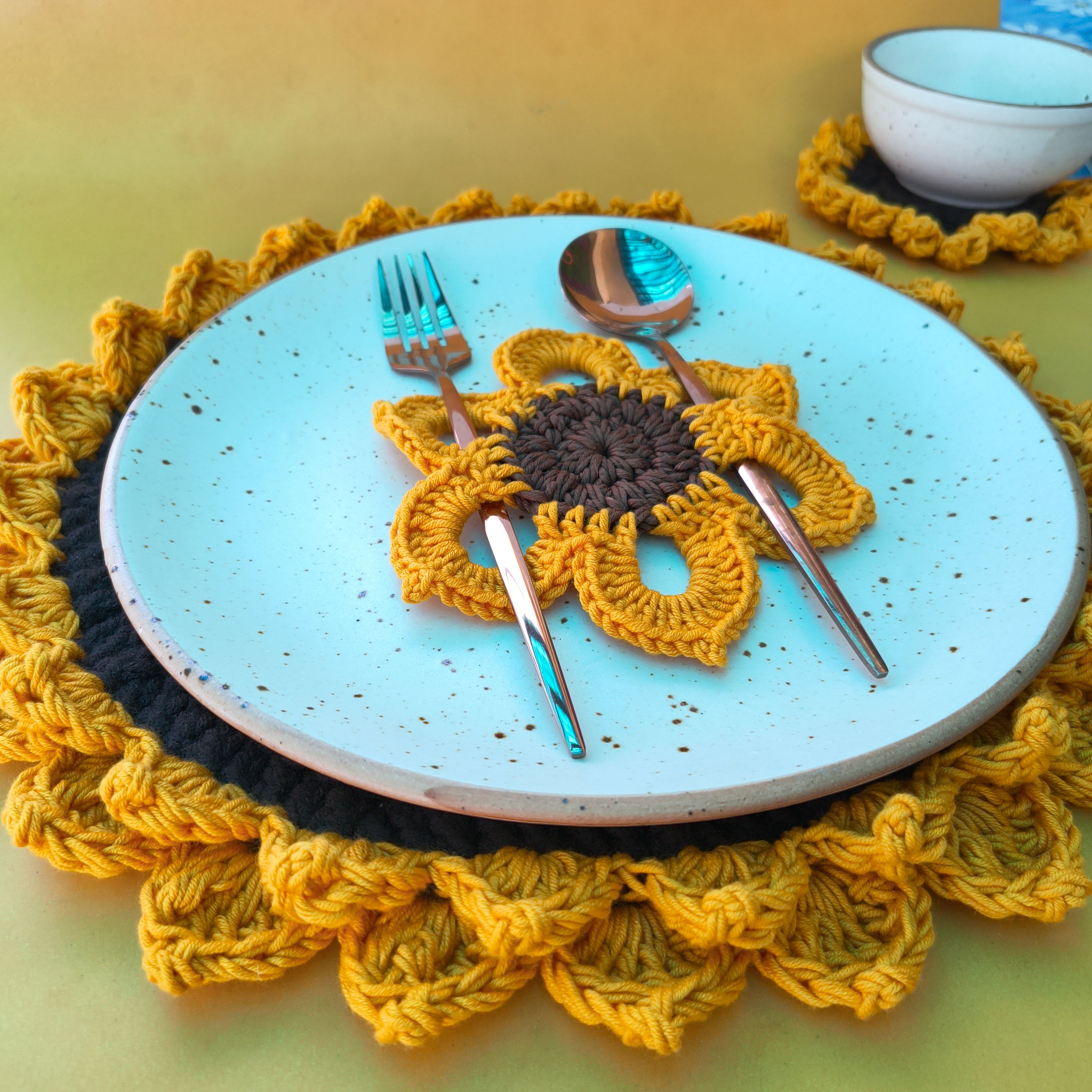 Handmade Sunflower Starter Combo – 1 Table Mat + 1 Coaster + 1 Cutlery Holder | Crochet Home Decor  Dining Set