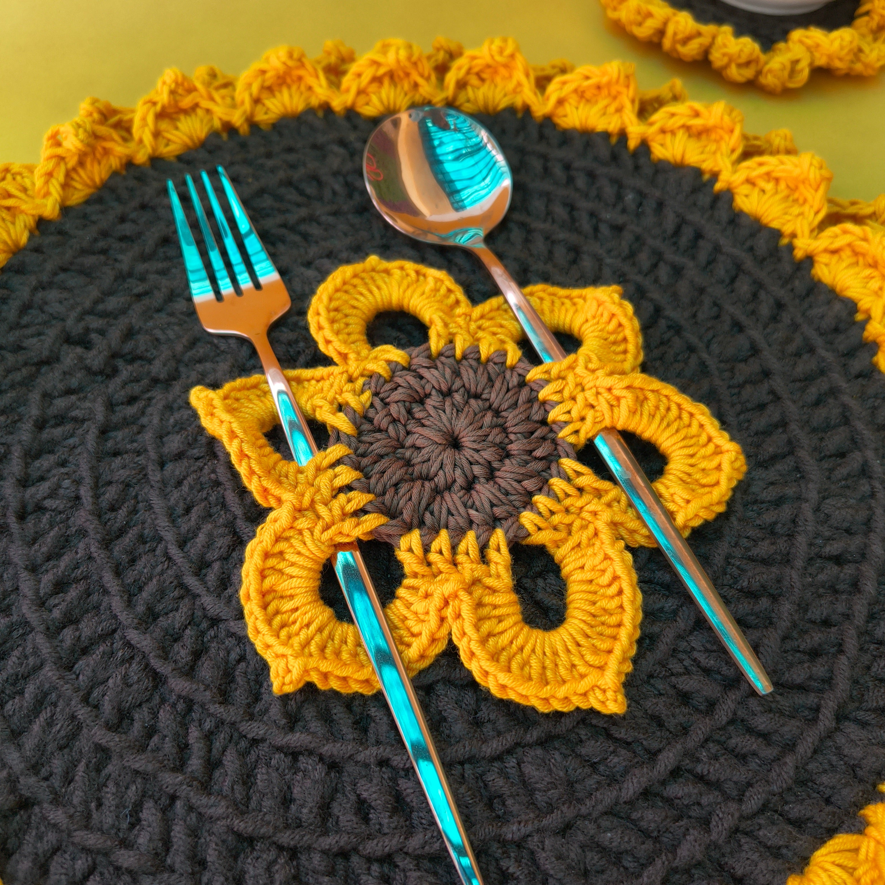 Handmade Sunflower Starter Combo – 1 Table Mat + 1 Coaster + 1 Cutlery Holder | Crochet Home Decor  Dining Set
