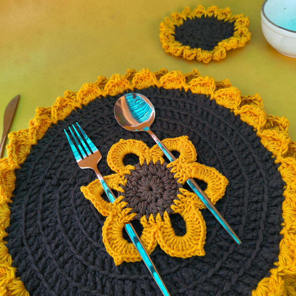 Handmade Sunflower Starter Combo – 1 Table Mat + 1 Coaster + 1 Cutlery Holder | Crochet Home Decor  Dining Set