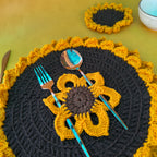 Handmade Sunflower Starter Combo – 1 Table Mat + 1 Coaster + 1 Cutlery Holder | Crochet Home Decor  Dining Set