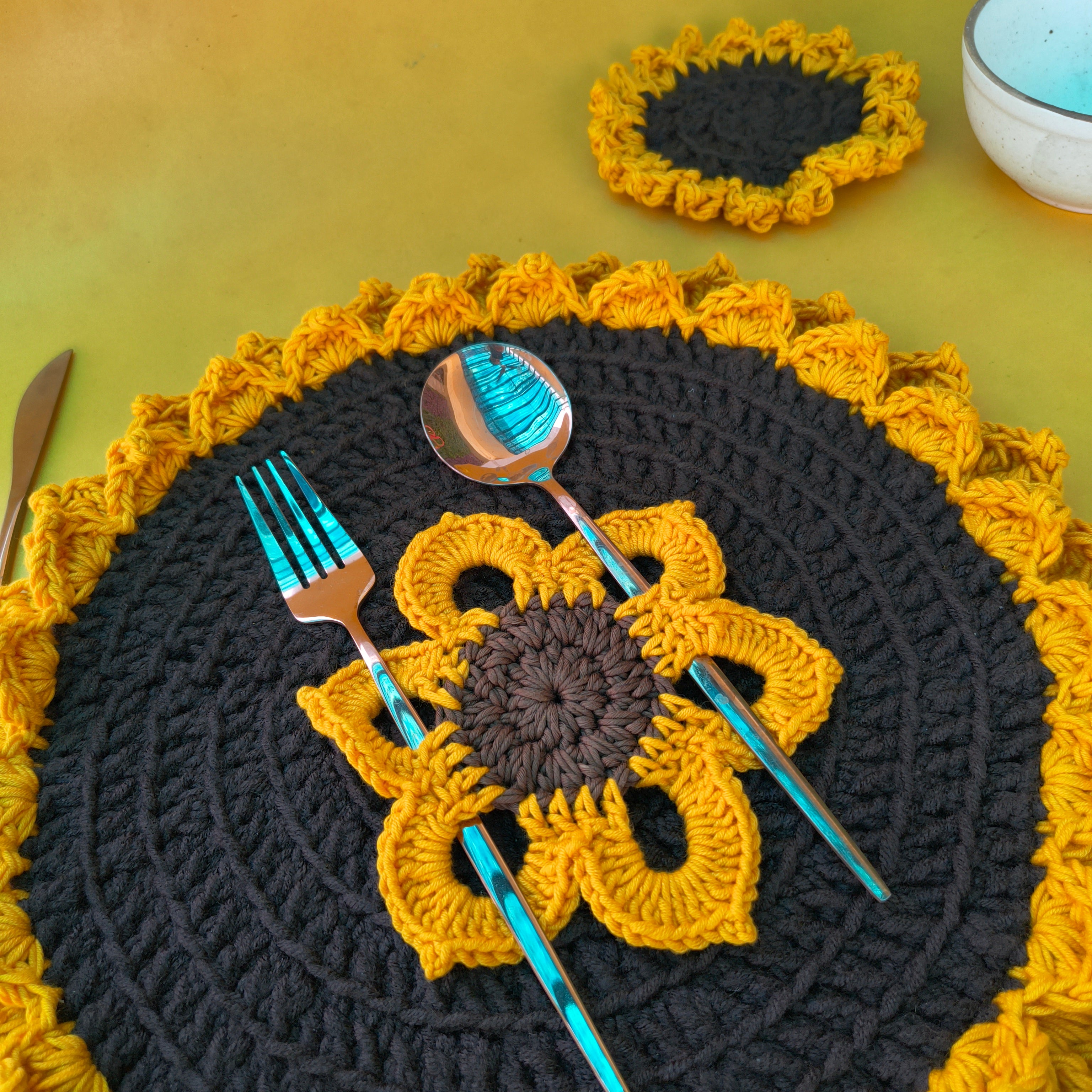 Handmade Sunflower Starter Combo – 1 Table Mat + 1 Coaster + 1 Cutlery Holder | Crochet Home Decor  Dining Set