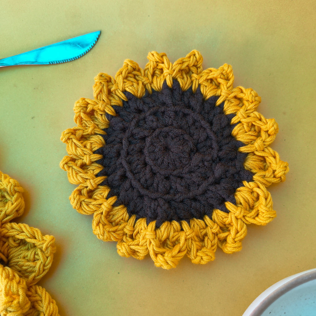 Handmade Sunflower Coasters – Set of 2 Crochet Floral Drink Mats (5 inch)