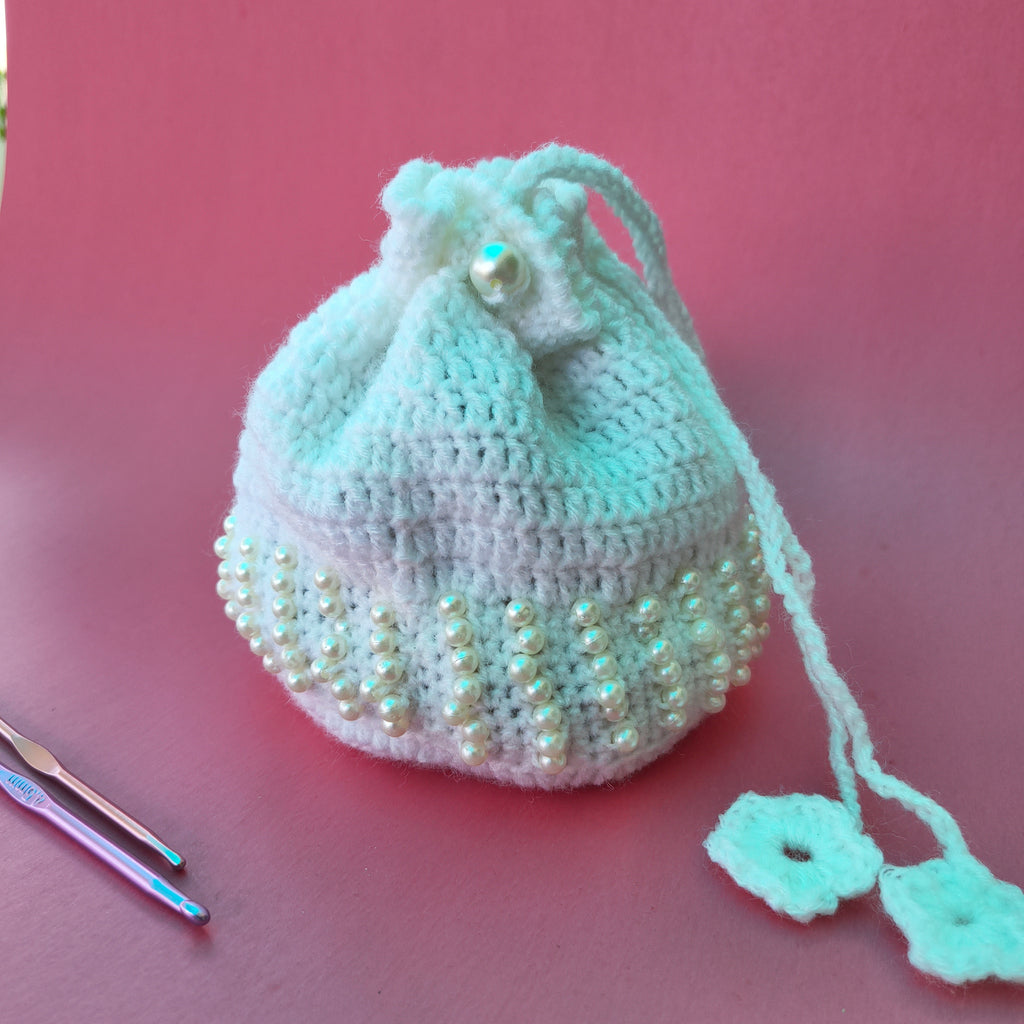 White Pearl Potli Bag – Handmade Crochet Party Purse for Weddings & Festive Wear