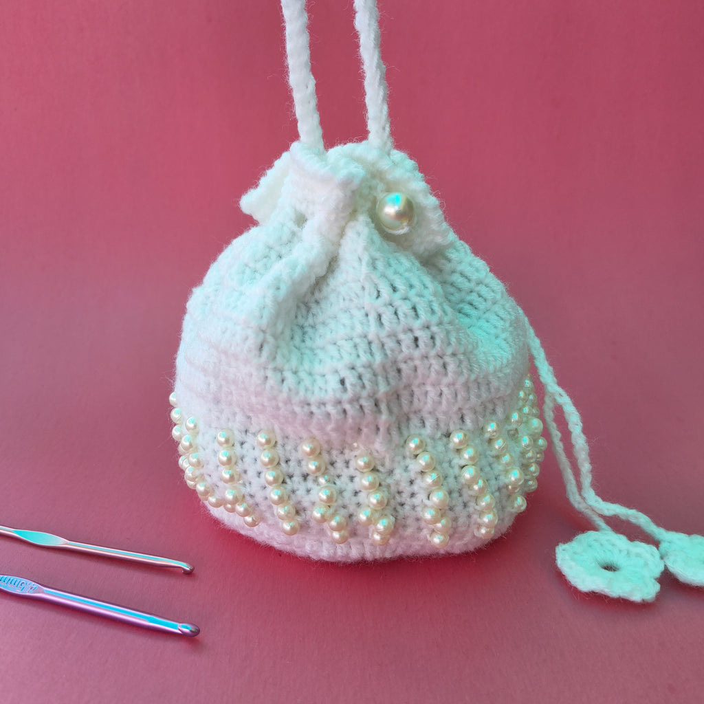 White Pearl Potli Bag – Handmade Crochet Party Purse for Weddings & Festive Wear