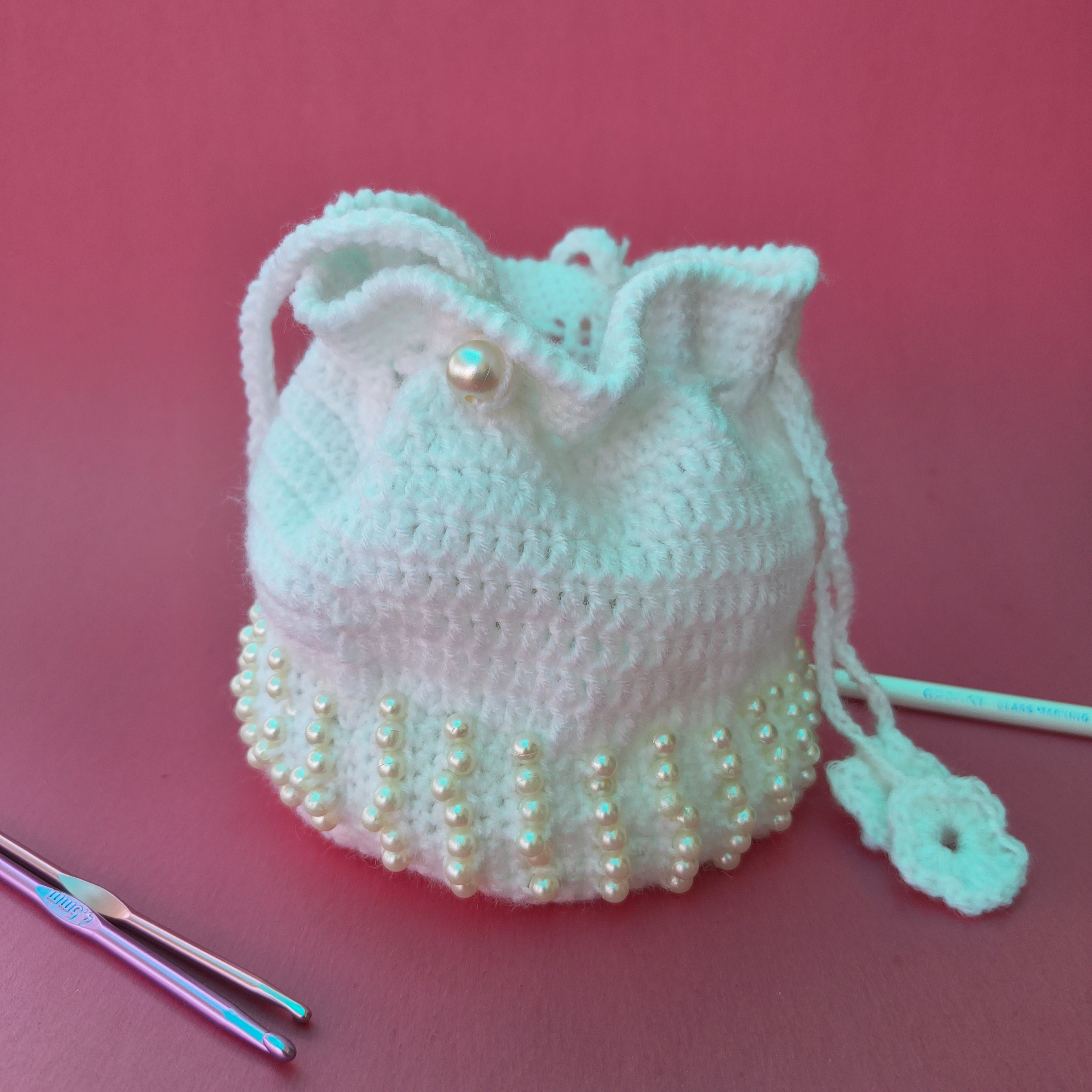 White Pearl Potli Bag – Handmade Crochet Party Purse for Weddings & Festive Wear