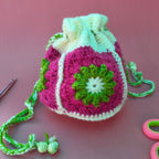 Floral Potli Bag – White & Dark Pink Crochet Purse with Green Flowers