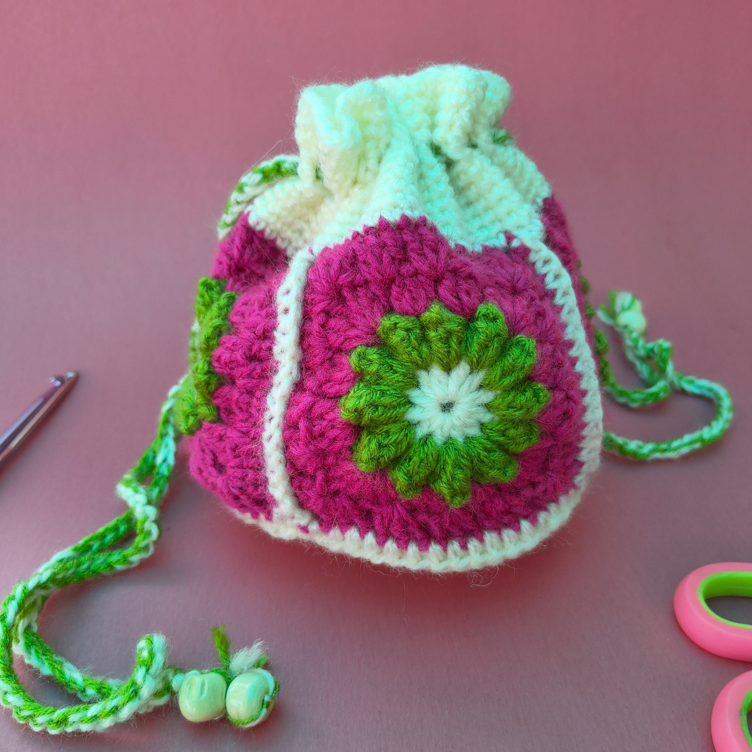 Floral Potli Bag – White & Dark Pink Crochet Purse with Green Flowers