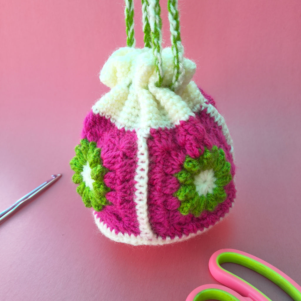 Floral Potli Bag – White & Dark Pink Crochet Purse with Green Flowers