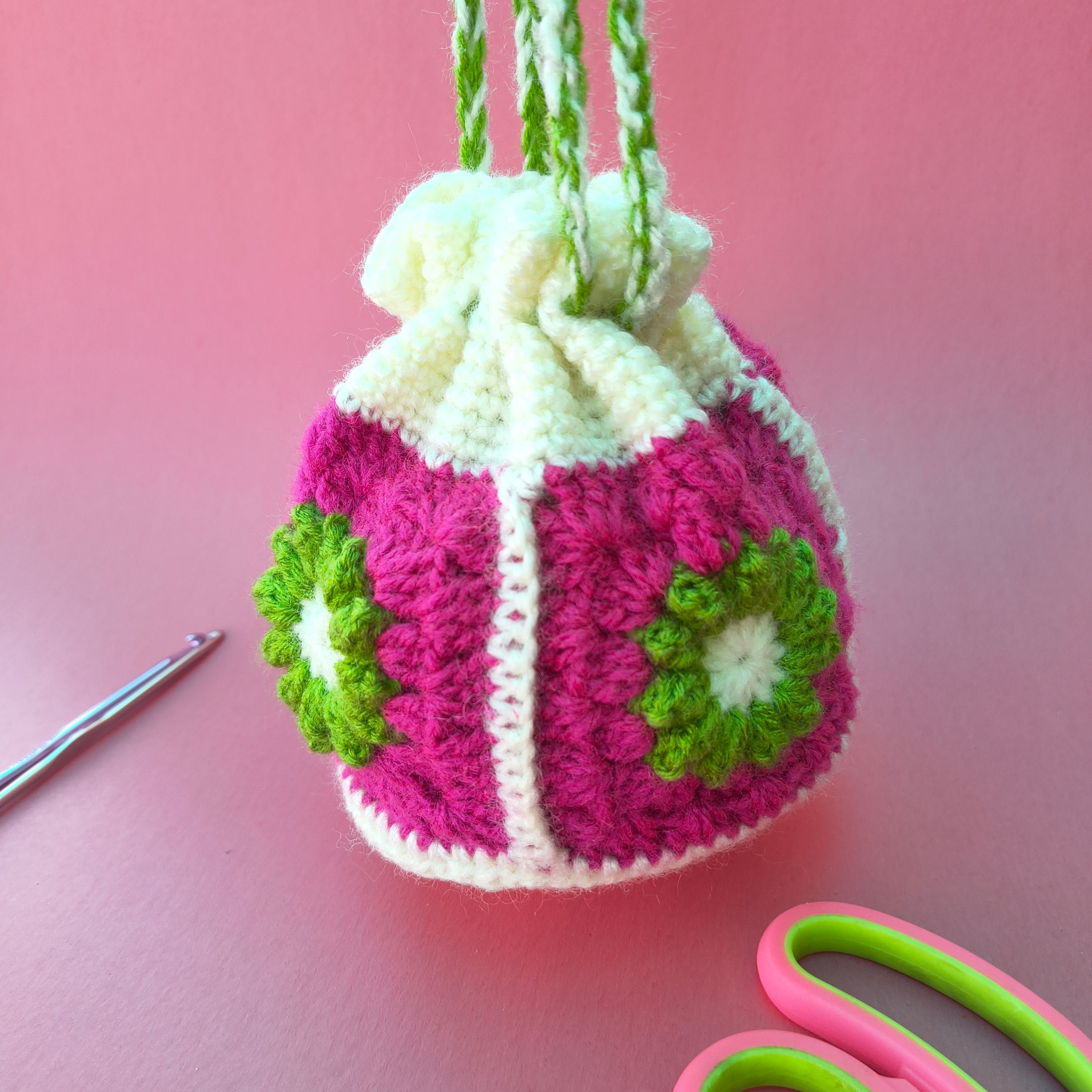 Floral Potli Bag – White & Dark Pink Crochet Purse with Green Flowers