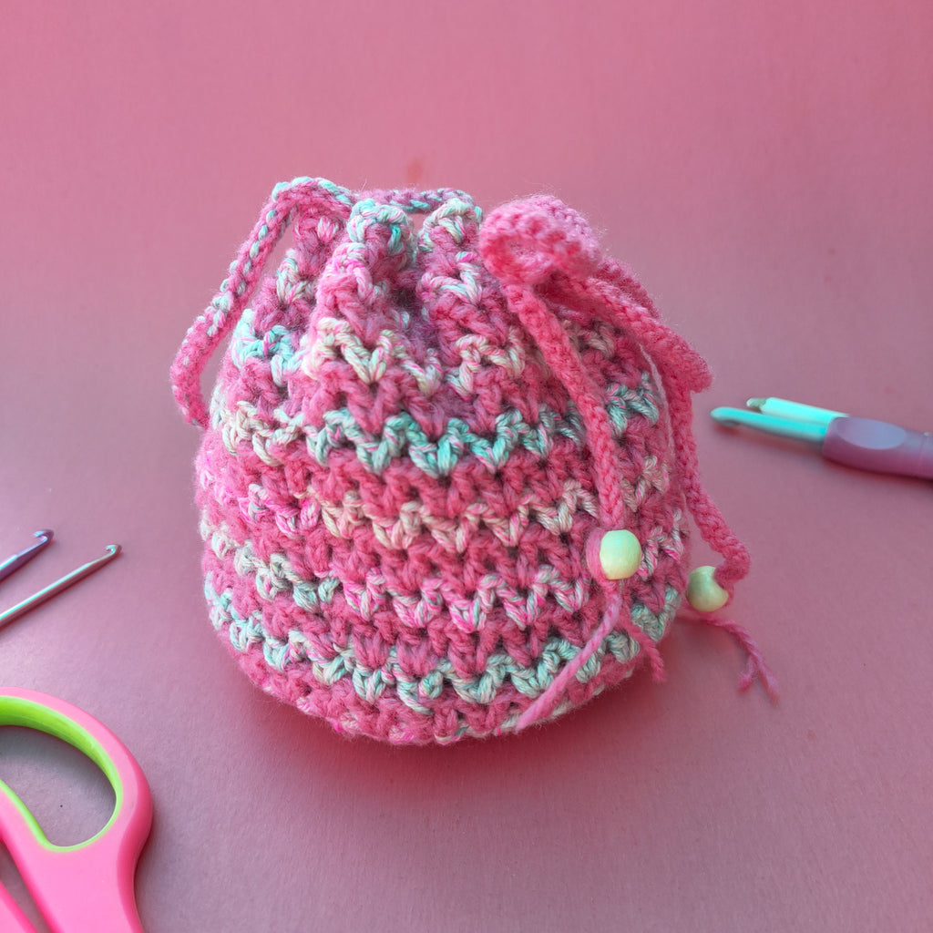 Pink Multicolor Potli Bag – Handmade Crochet Festive Purse