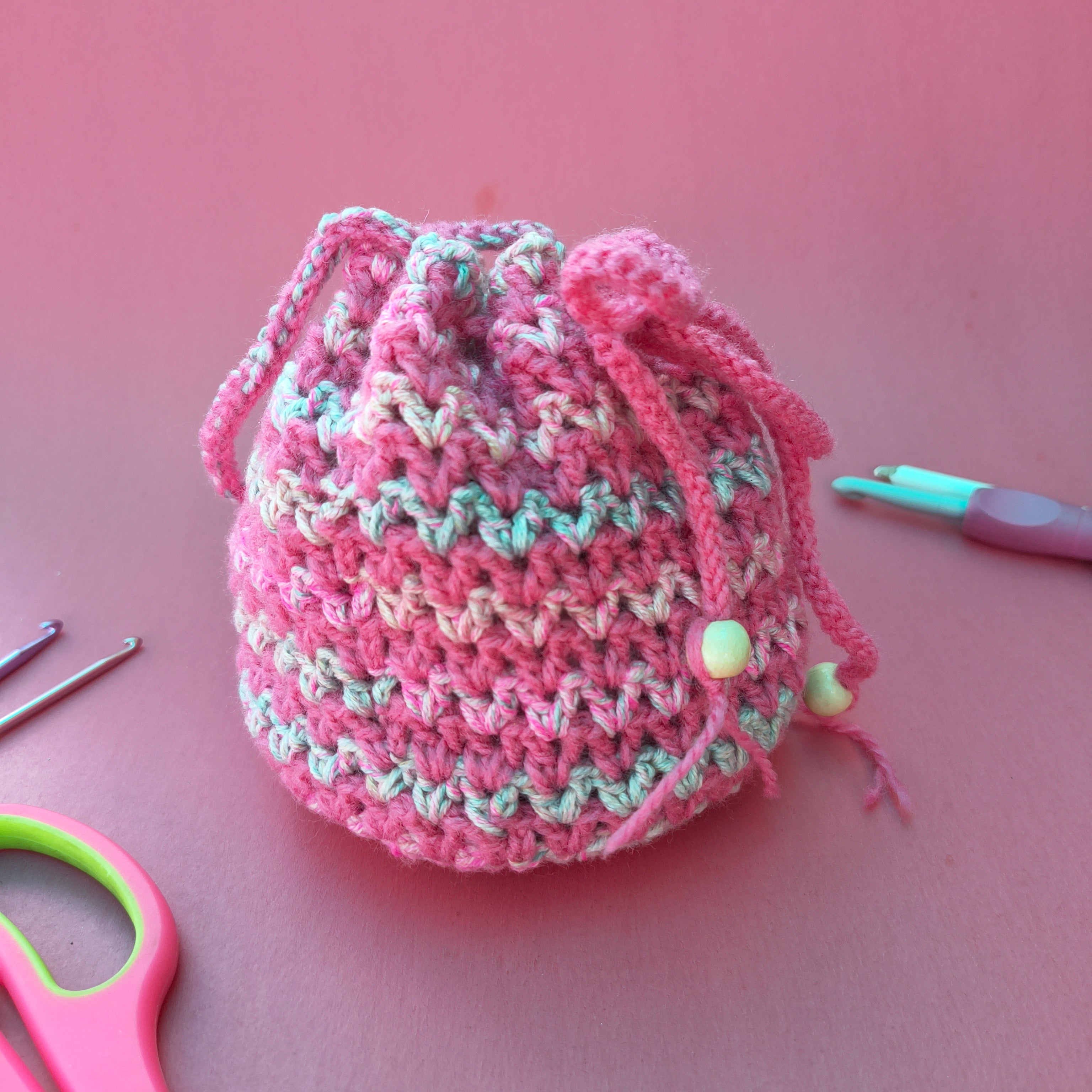 Pink Multicolor Potli Bag – Handmade Crochet Festive Purse