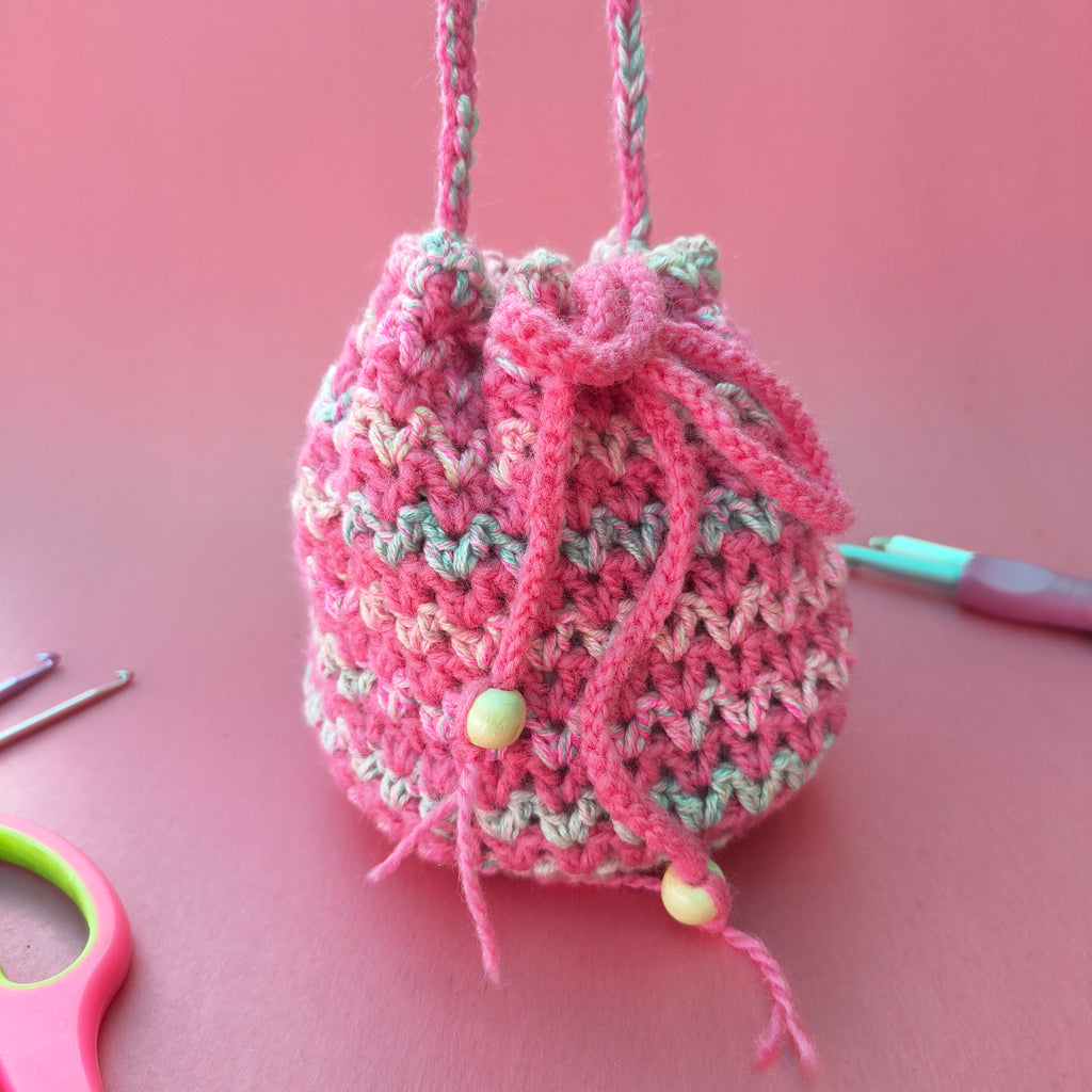 Pink Multicolor Potli Bag – Handmade Crochet Festive Purse