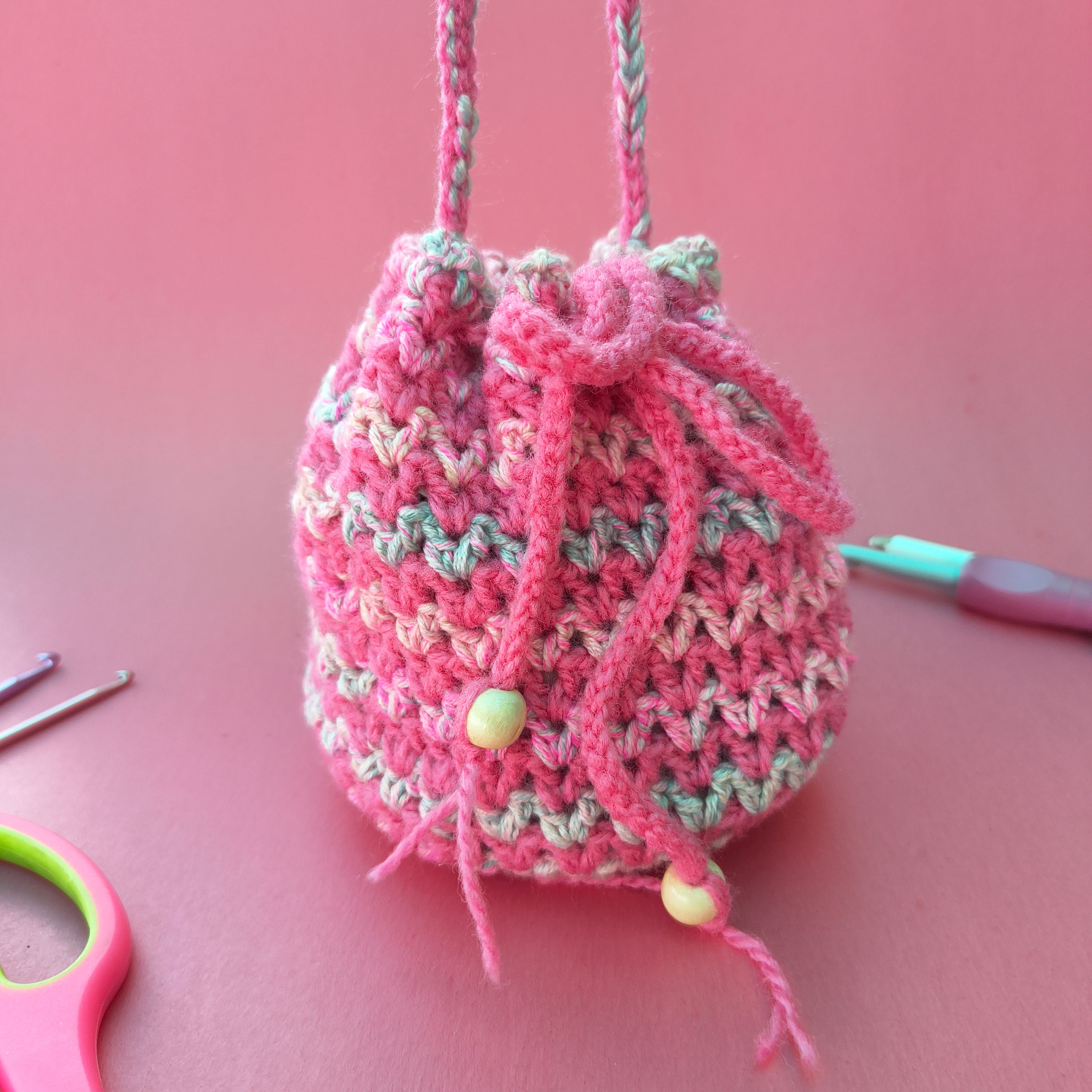 Pink Multicolor Potli Bag – Handmade Crochet Festive Purse