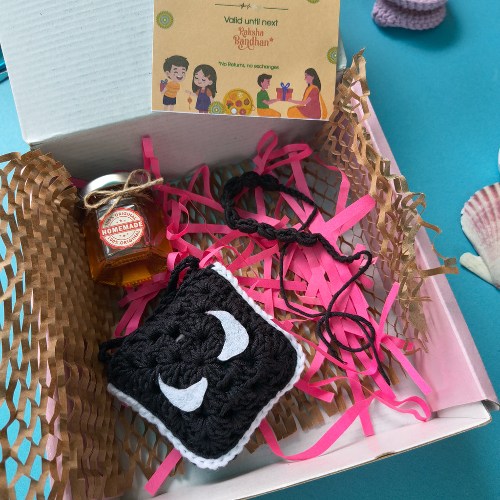 Pocket Box | Handmade Rakhi Gift Box with Venom Earbuds Pouch, Honey & Greeting Card